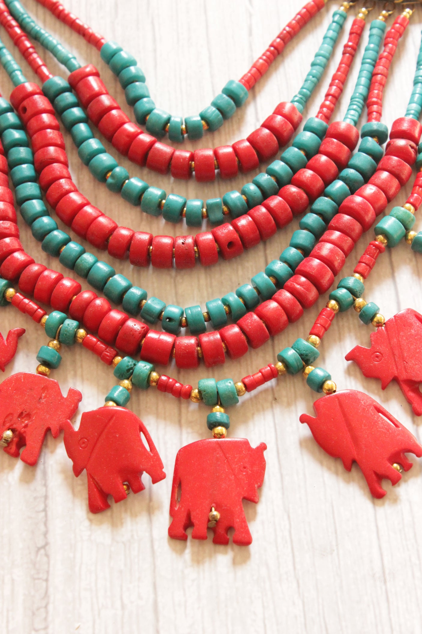 Turquoise and Red Beads Hand Beaded Statement African Tribal Necklace with Elephant Charms