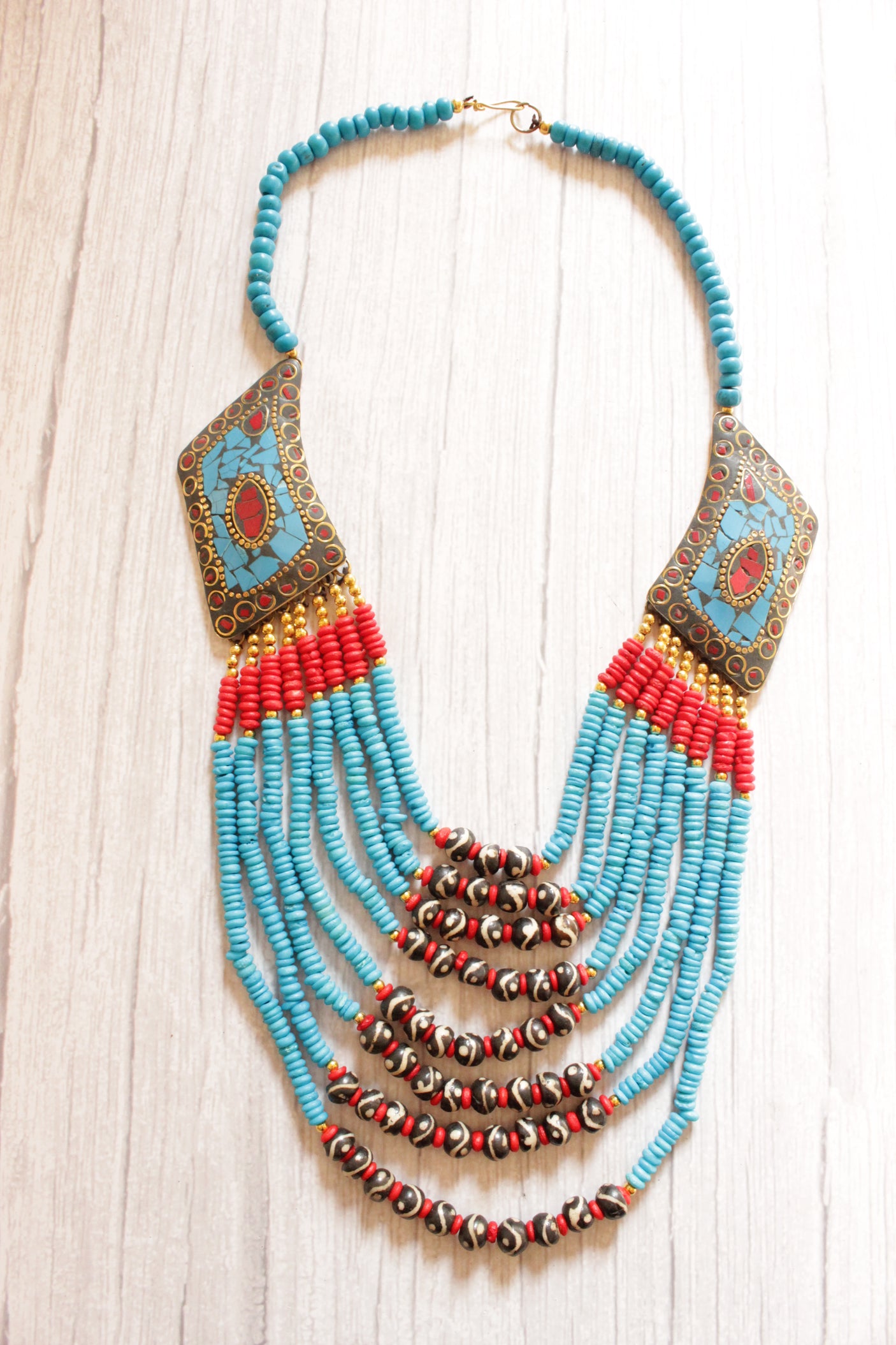 Turquoise & Red Acrylic Beads and Wooden Beads Hand Beaded Statement Tibetan Necklace