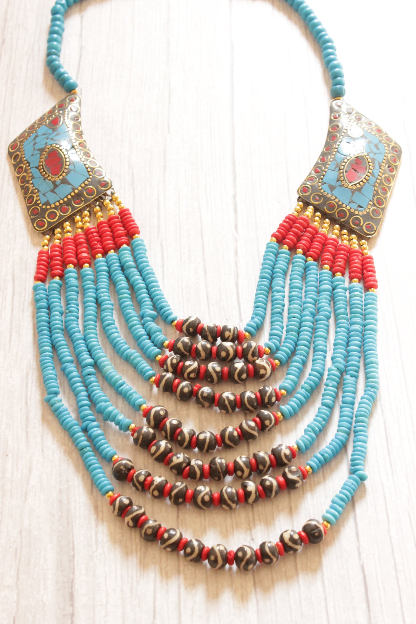 Turquoise & Red Acrylic Beads and Wooden Beads Hand Beaded Statement Tibetan Necklace