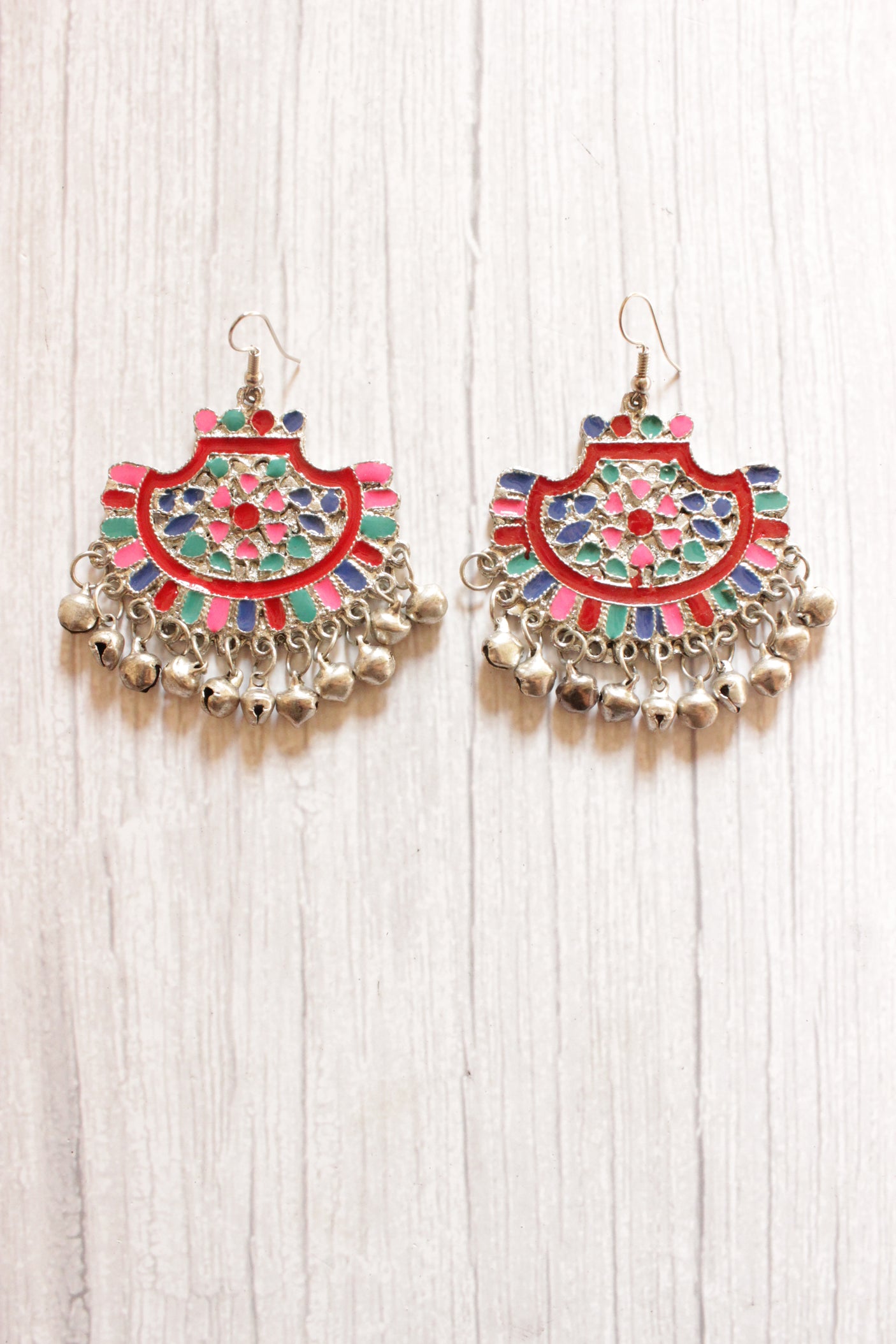 Multi-Color Acrylic Work Silver Finish Afghani Earrings Embellished with Ghungroo Beads