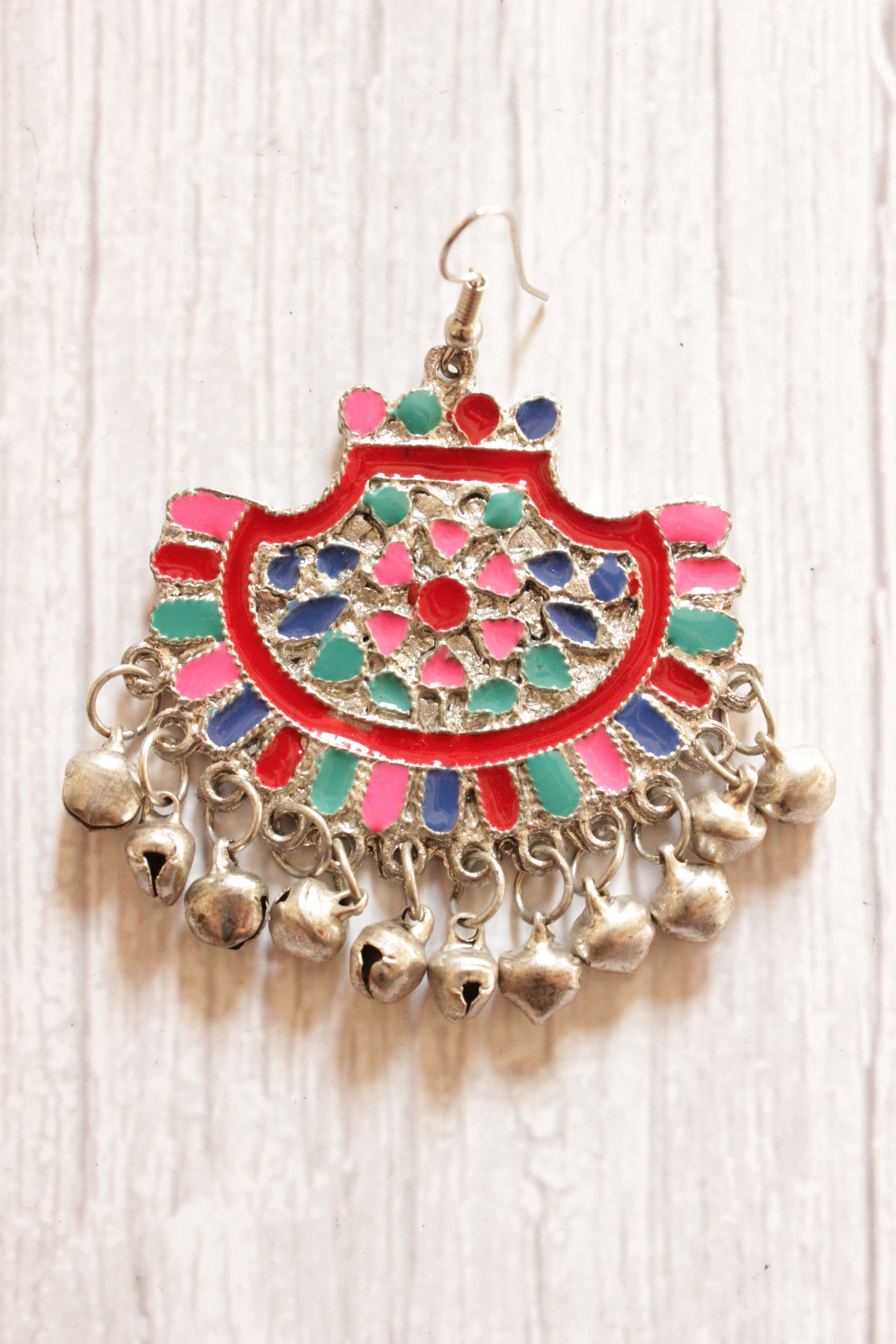 Multi-Color Acrylic Work Silver Finish Afghani Earrings Embellished with Ghungroo Beads
