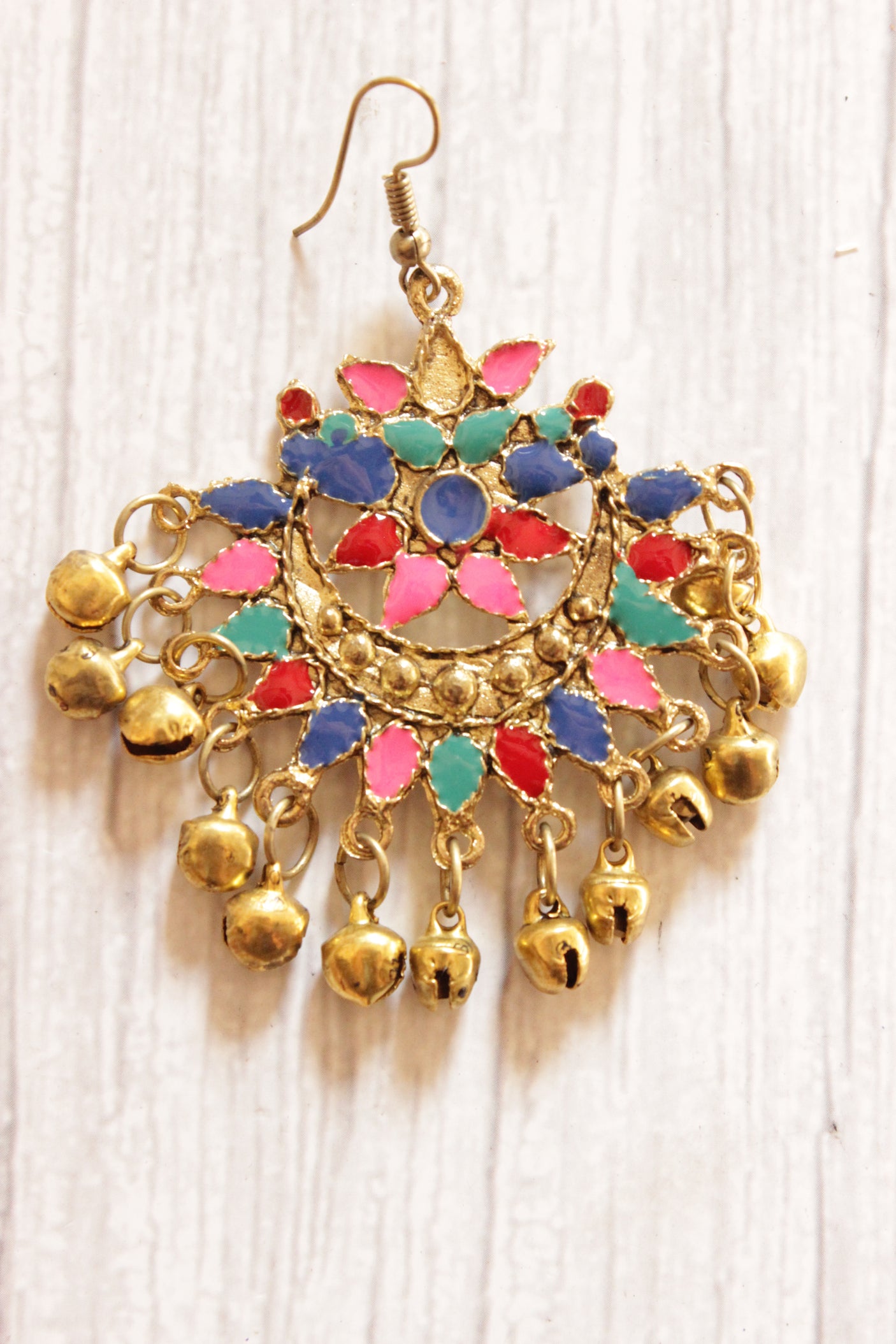 Multi-Color Acrylic Work Gold Finish Afghani Earrings Embellished with Ghungroo Beads