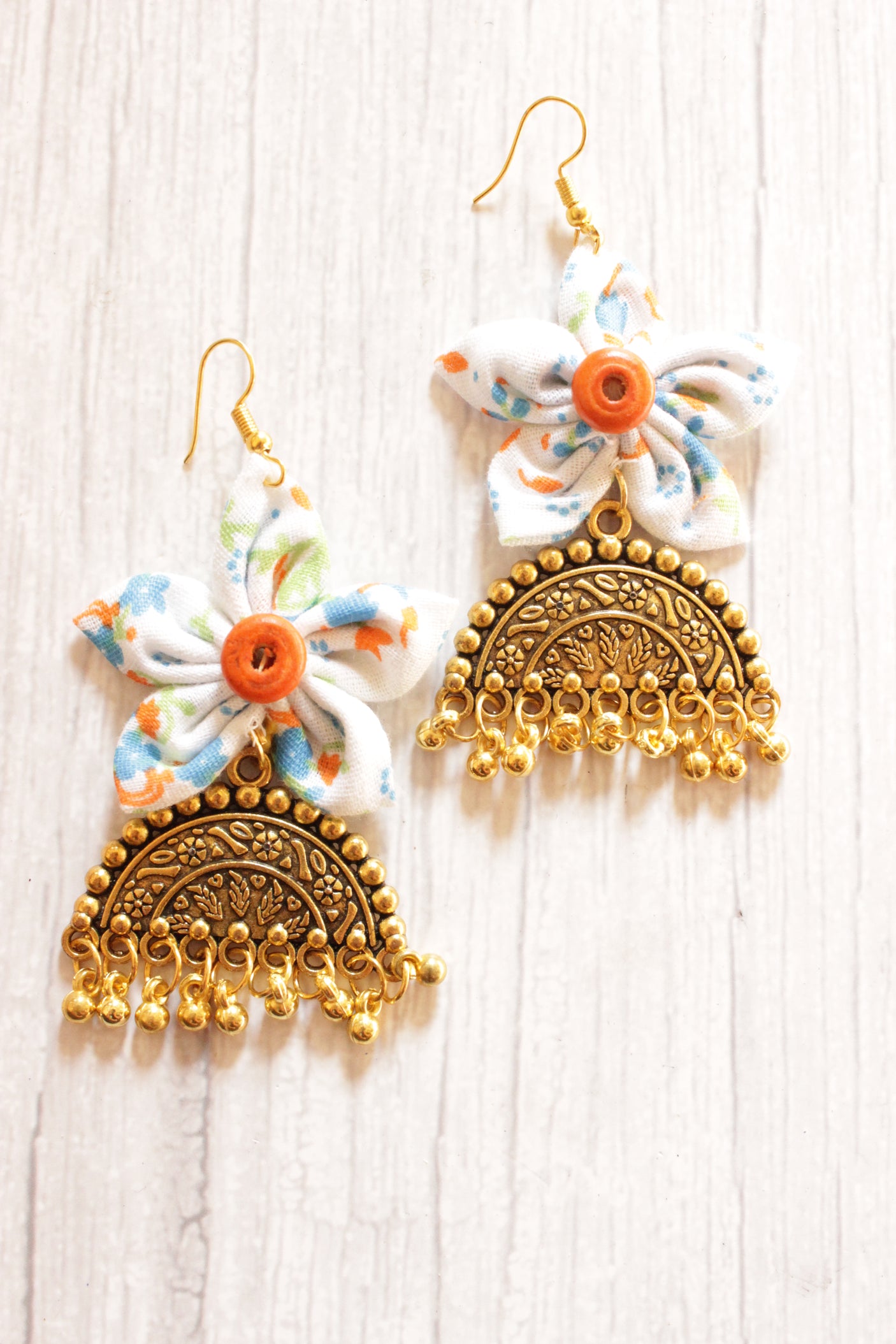 Handmade Fabric Flower Earrings Accentuated with Antique Gold Finish Dome Shaped Embellishment