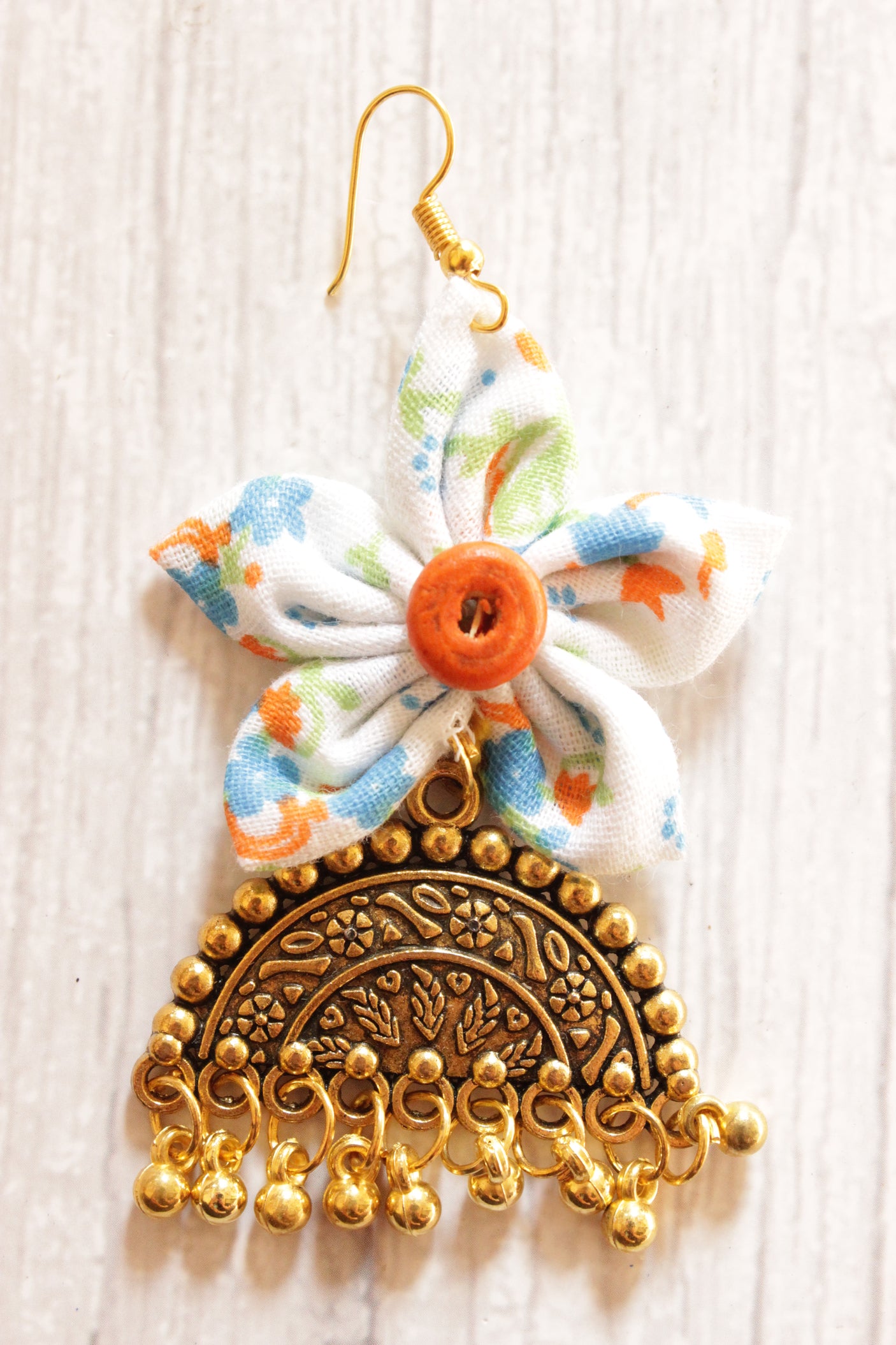 Handmade Fabric Flower Earrings Accentuated with Antique Gold Finish Dome Shaped Embellishment