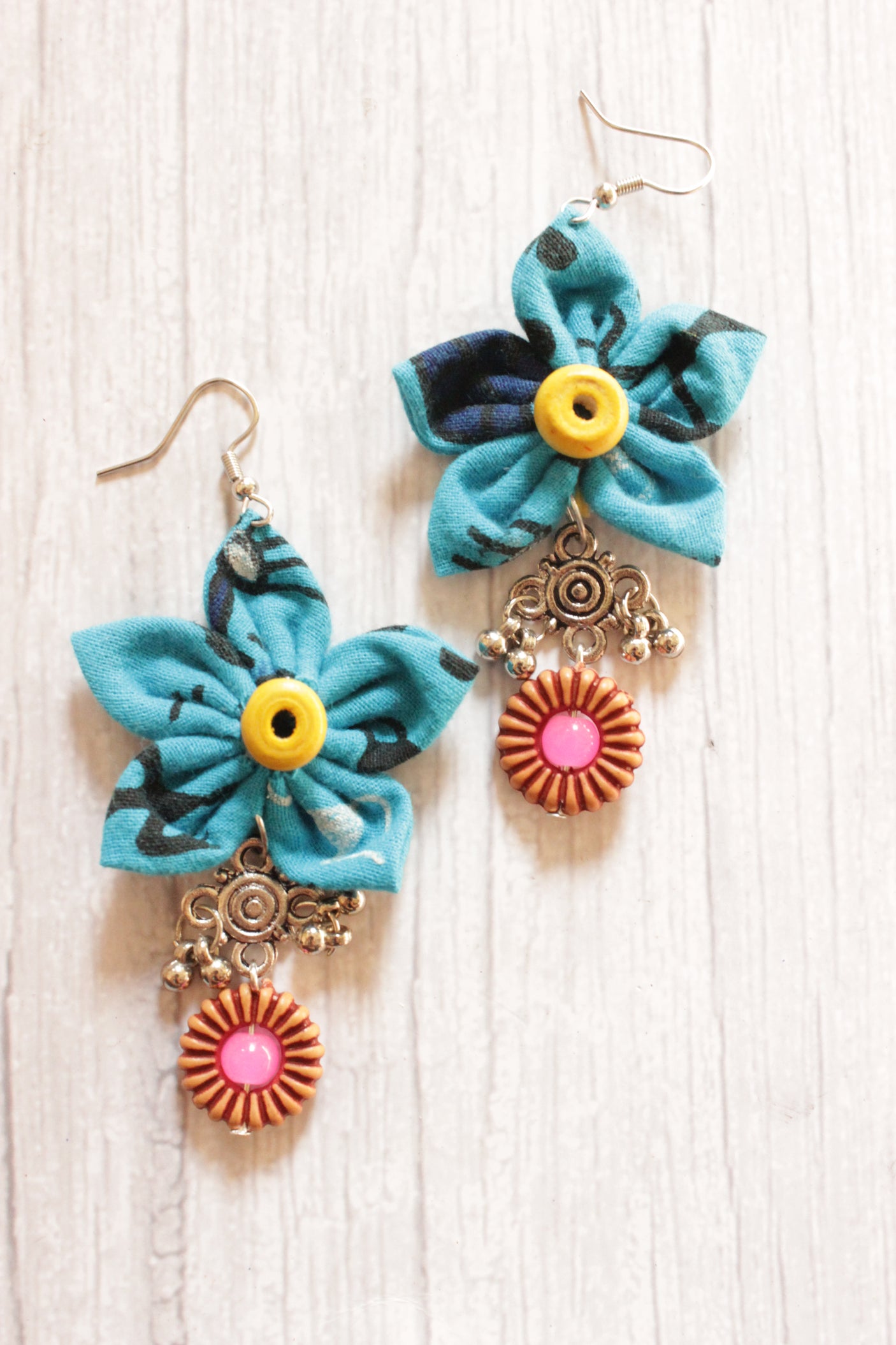 Handmade Turquoise Fabric Flower Earrings Accentuated with Wooden Flower Embellishment