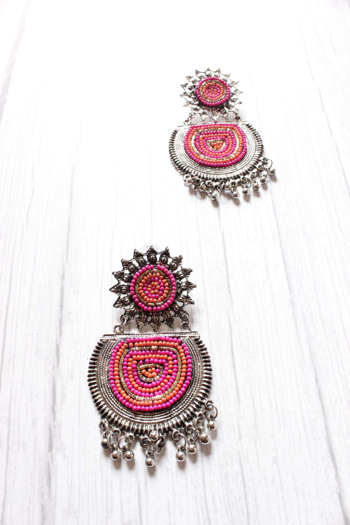 Pink & Yellow Beads Oxidised Silver Dangler Earrings