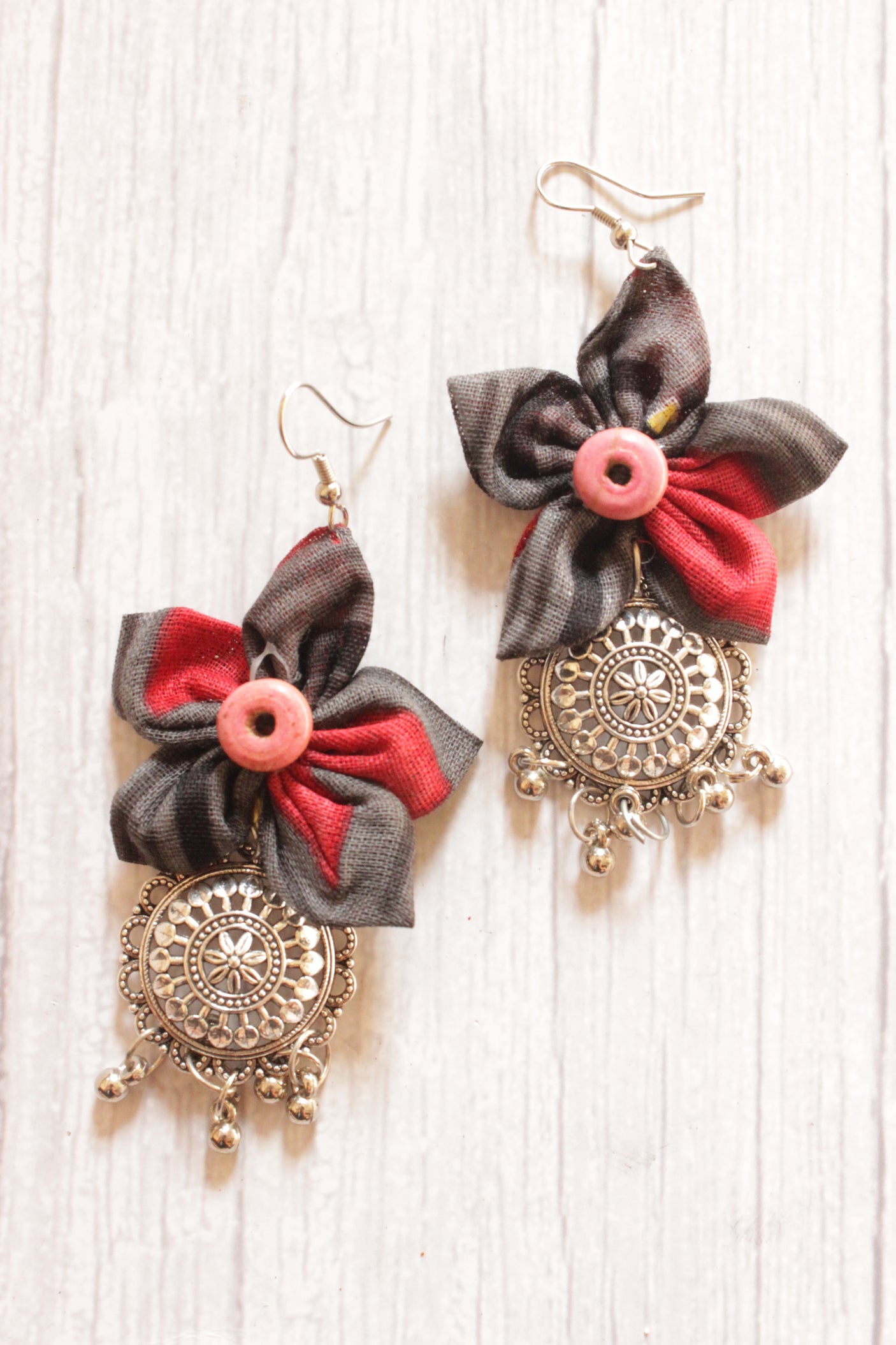 Black & Red Fabric Handmade Flower Earrings Accentuated with Circula Metal Embellishment