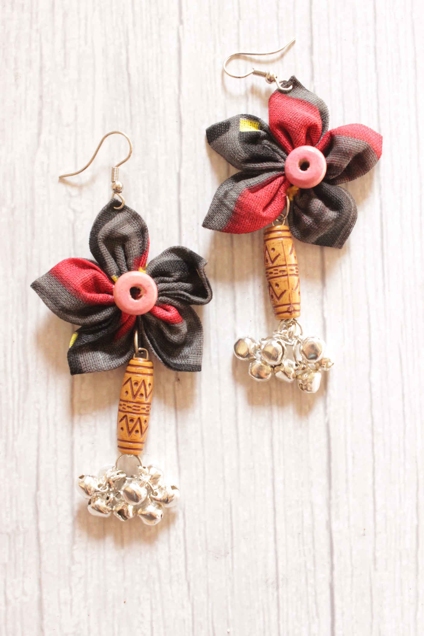Black & Red Fabric Handmade Flower Earrings Embellished with Ghungroo Beads and Wooden Accent