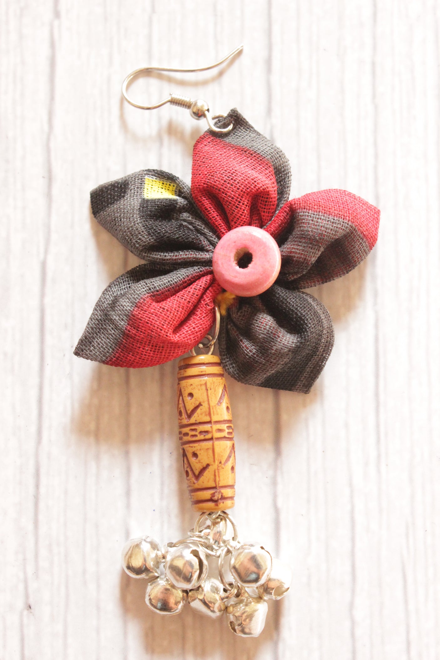 Black & Red Fabric Handmade Flower Earrings Embellished with Ghungroo Beads and Wooden Accent