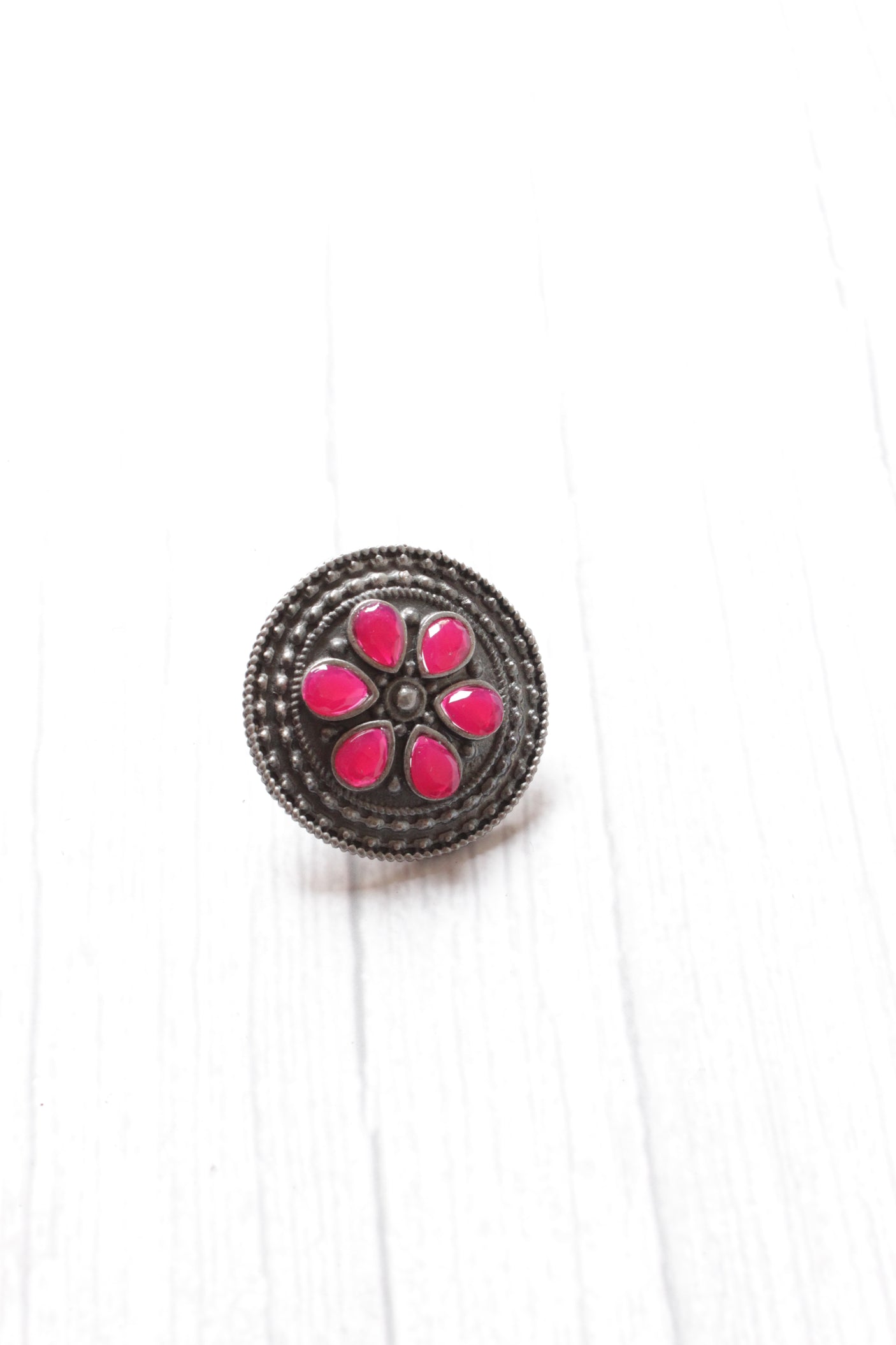 Pink Glass Stones Embedded Oxidised Silver Stud Earrings