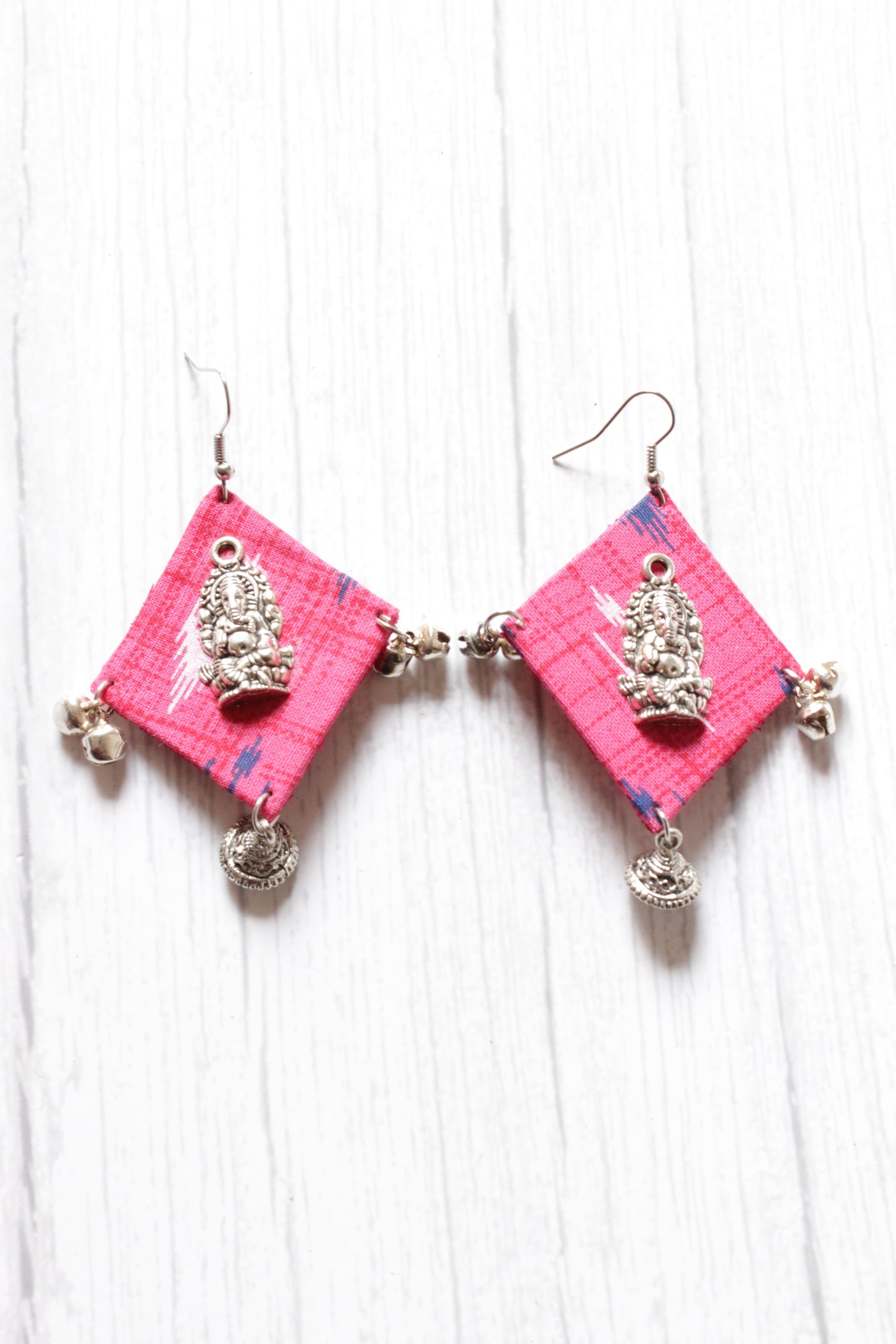 Pink Ikat Fabric Ganesha Motif Earrings