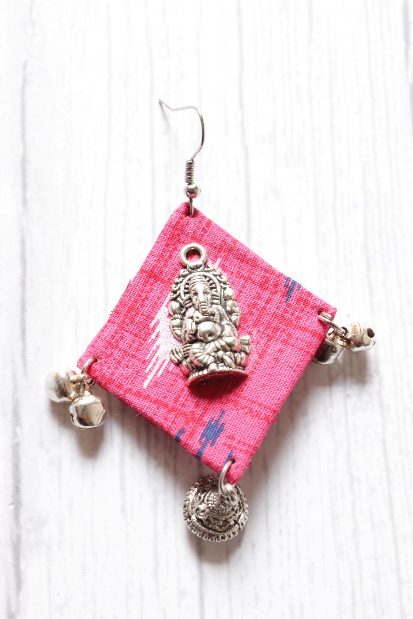 Pink Ikat Fabric Ganesha Motif Earrings