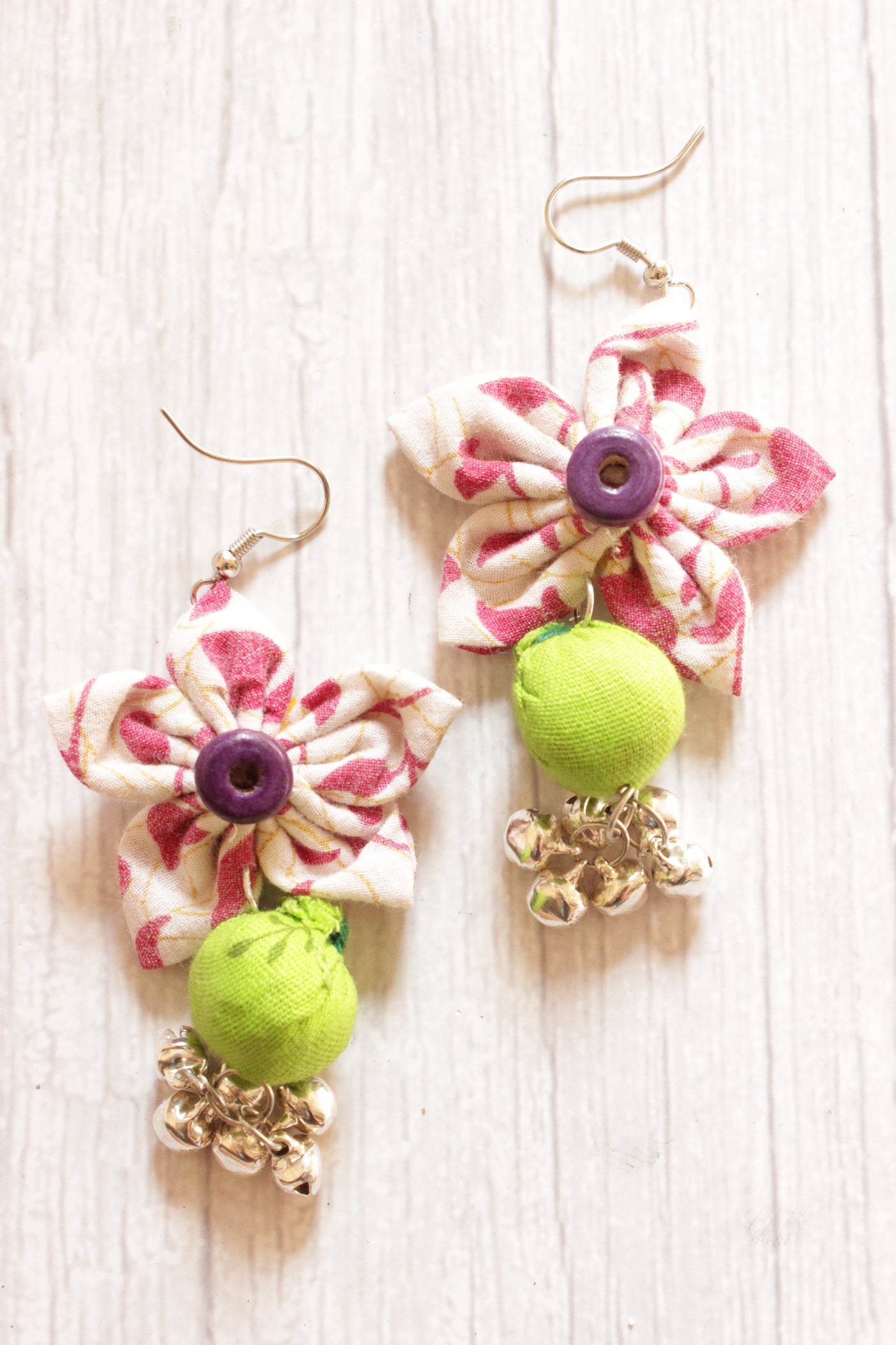 White & Fuchsia Handmade Fabric Flower Earrings Accentuated with Ghungroo Beads