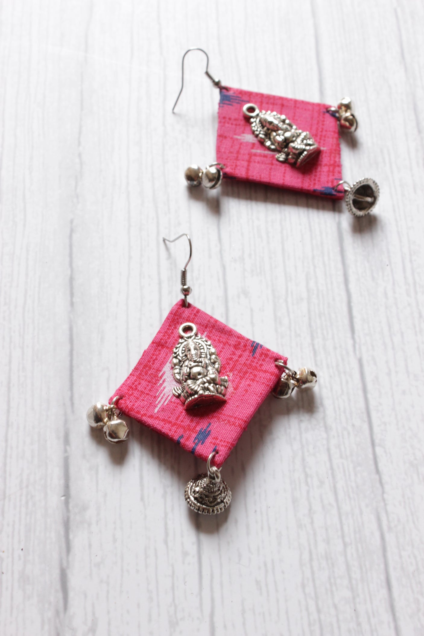 Pink Ikat Fabric Ganesha Motif Earrings