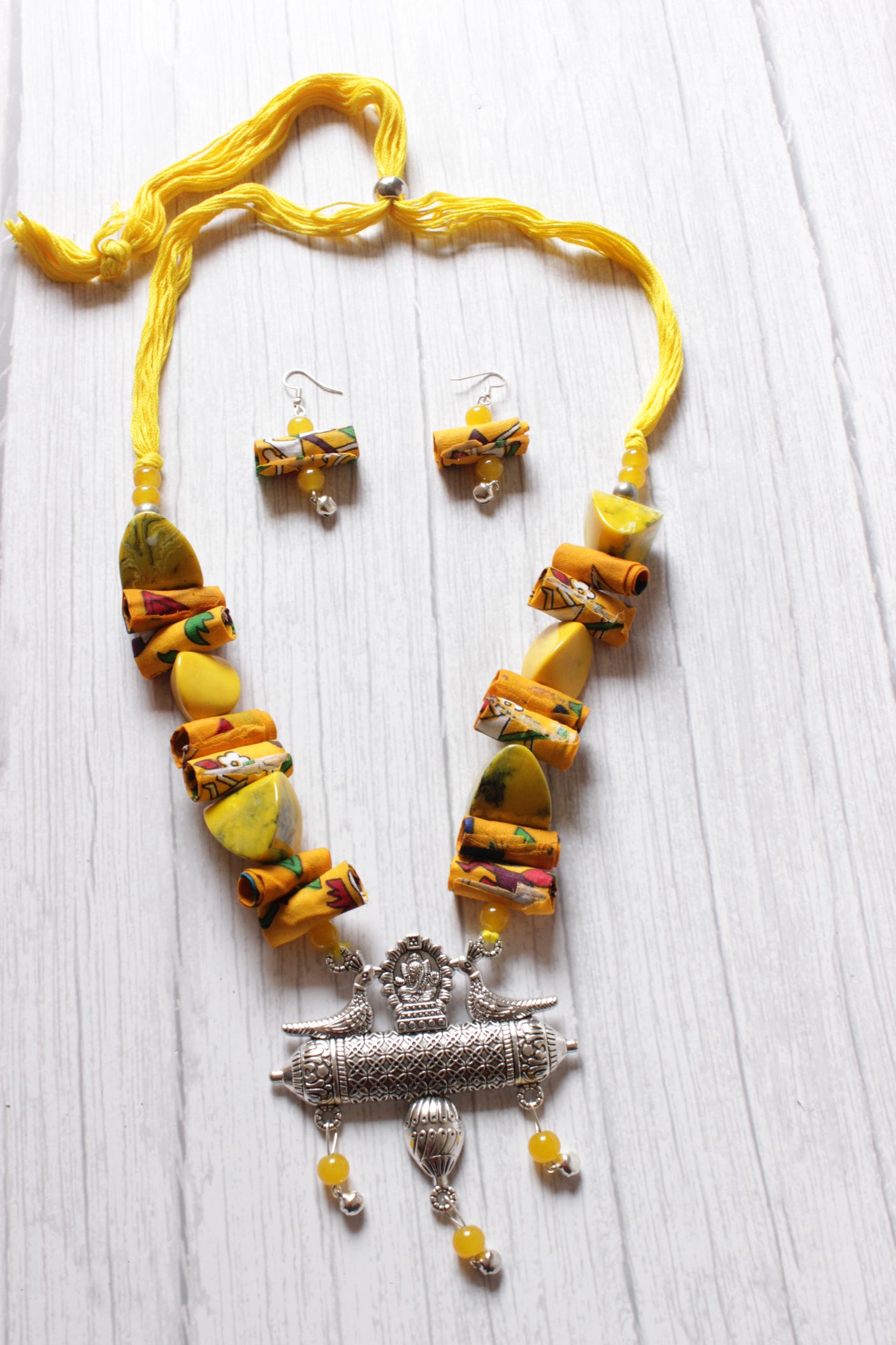 Vibrant Yellow Fabric and Stones Peacock Metal Pendant Necklace Set