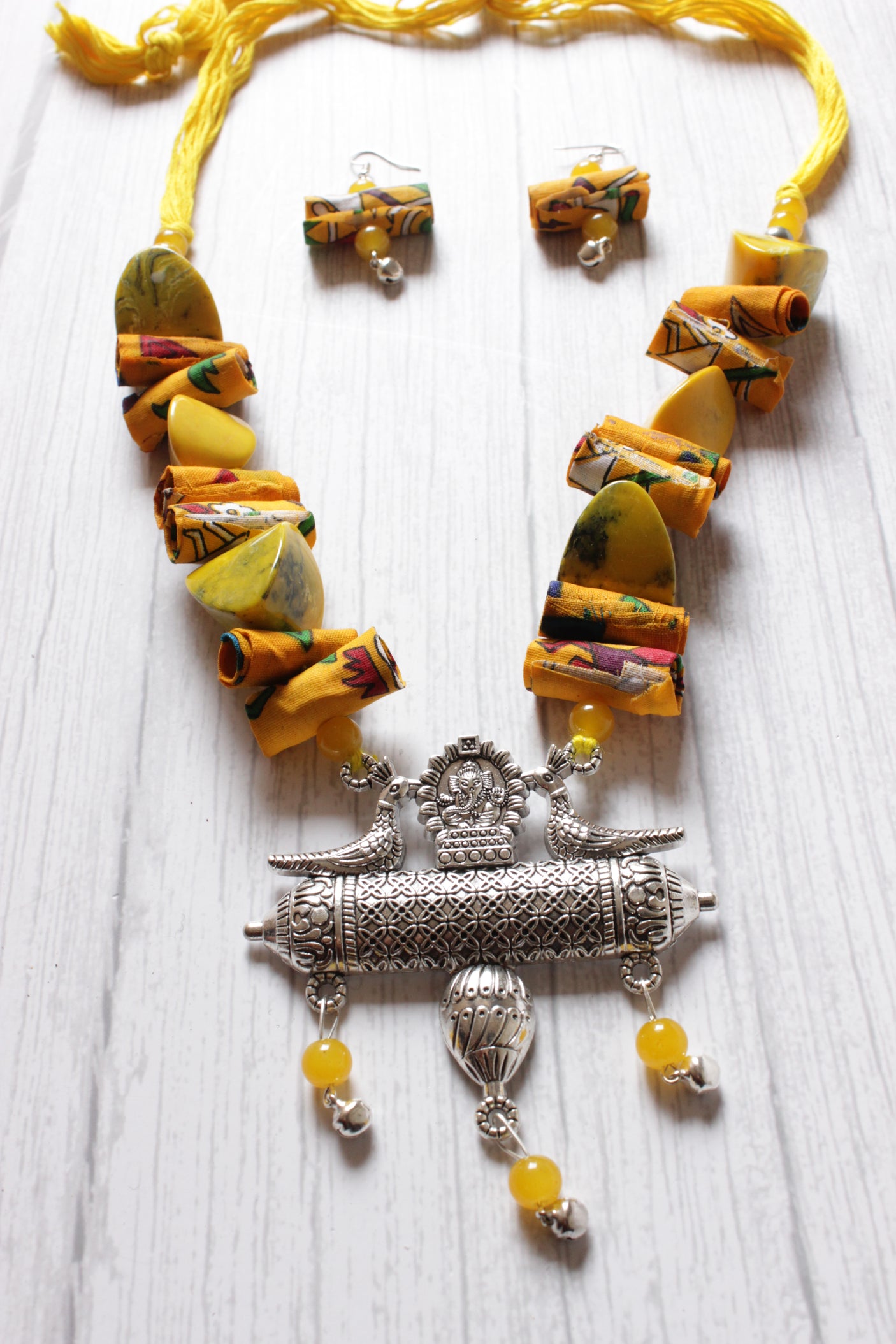 Vibrant Yellow Fabric and Stones Peacock Metal Pendant Necklace Set