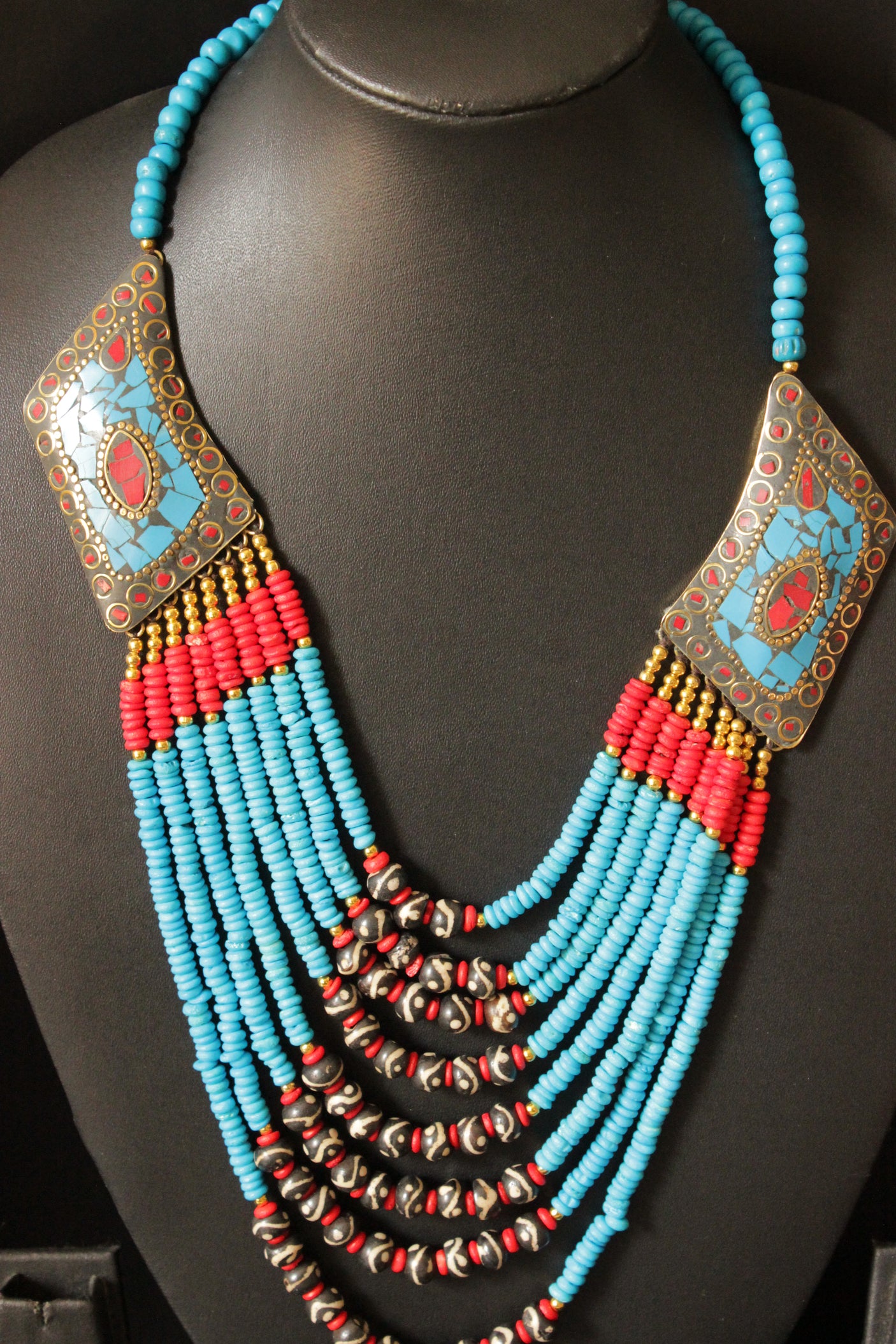 Turquoise & Red Acrylic Beads and Wooden Beads Hand Beaded Statement Tibetan Necklace