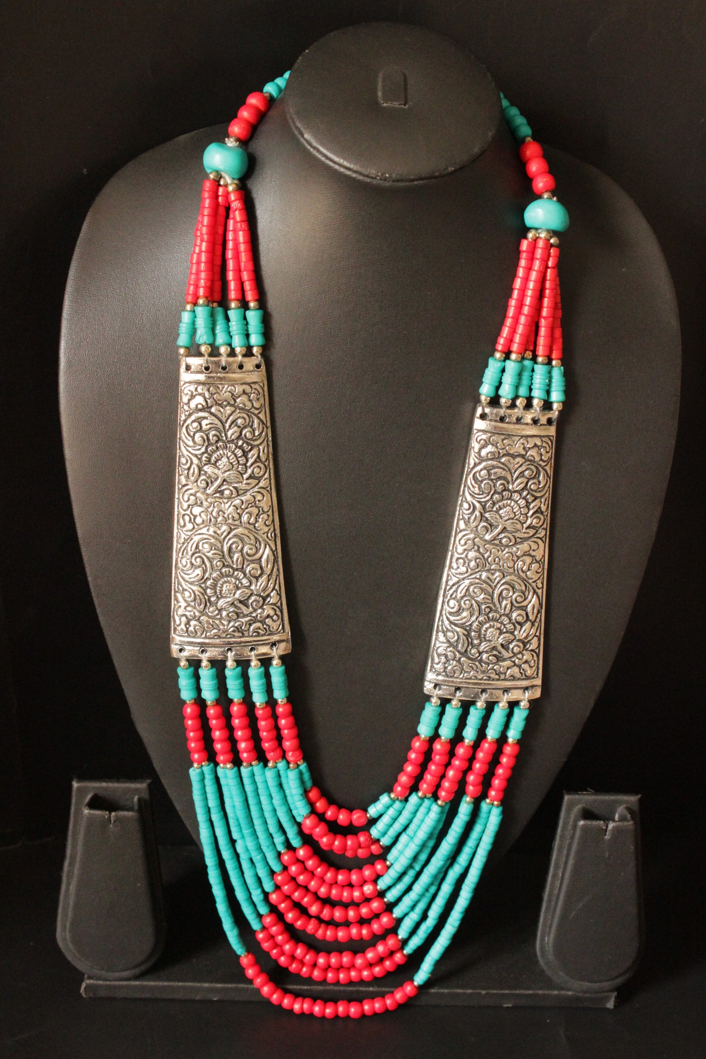 Turquoise and Red Beads Hand Beaded Statement African Tribal Collar Necklace