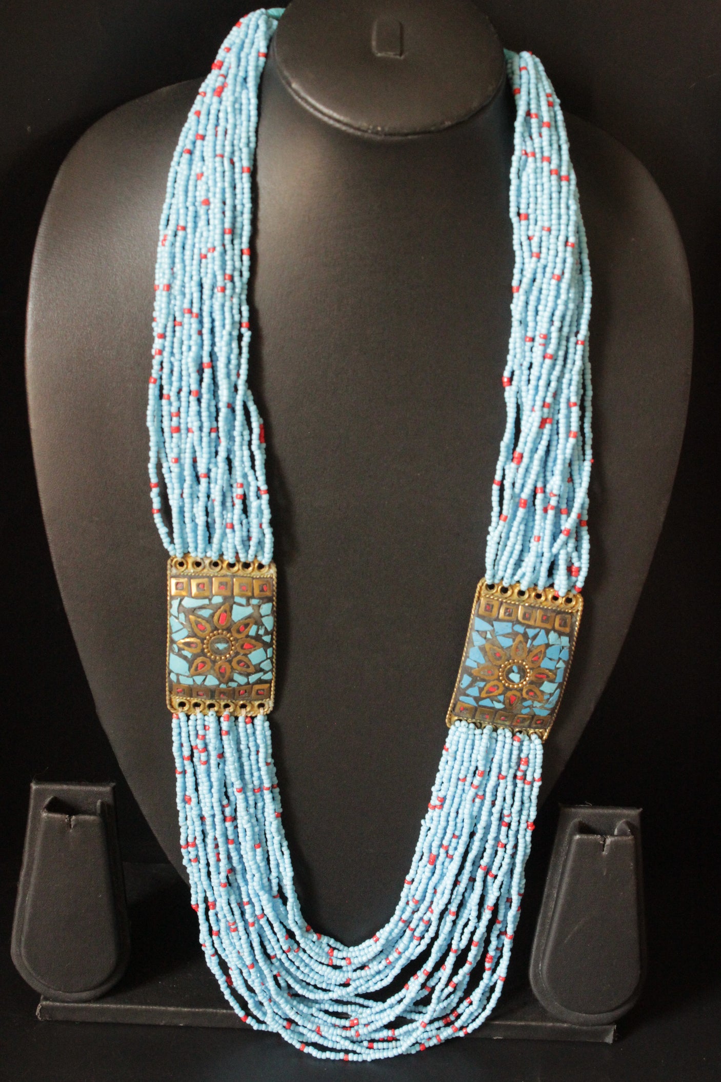Sky Blue Beads Intertwined with Red Multi-Layer Beaded Necklace