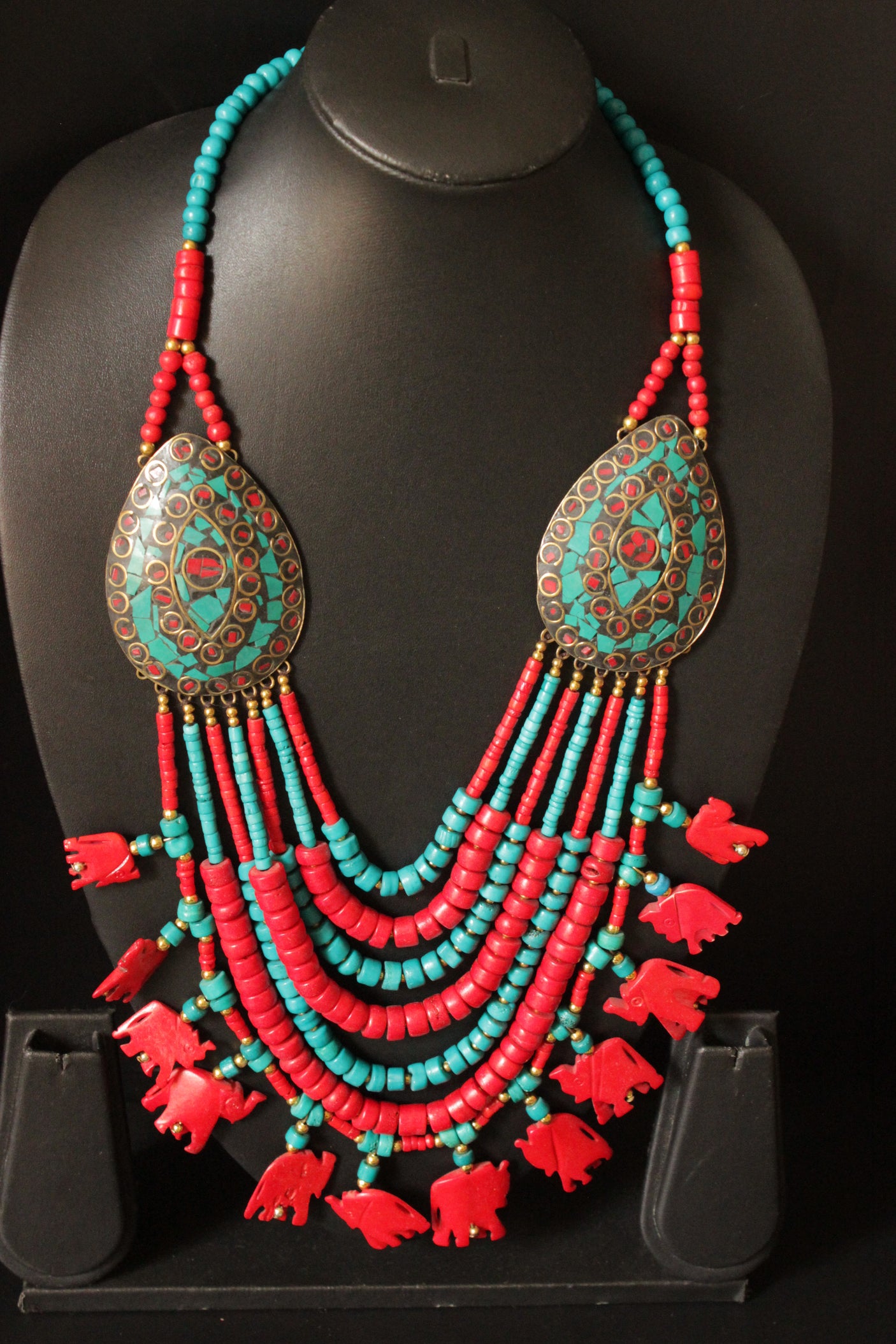 Turquoise and Red Beads Hand Beaded Statement African Tribal Necklace with Elephant Charms