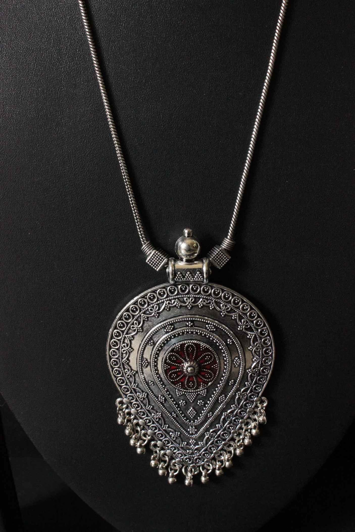 Tear Drop Shape Statement Pendant Silver Finish Necklace