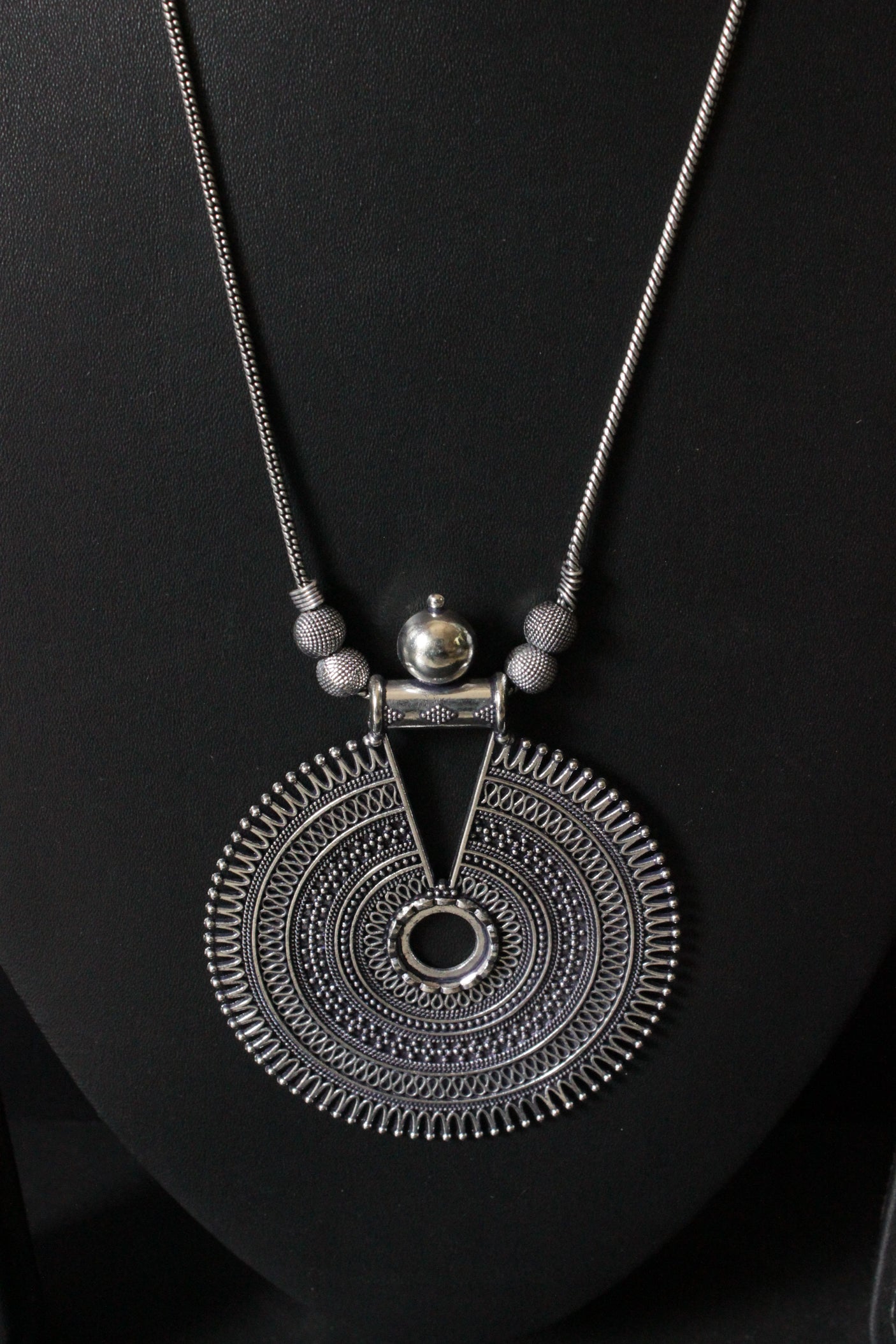 Concentric Circles Statement Pendant Silver Finish Baroque Necklace