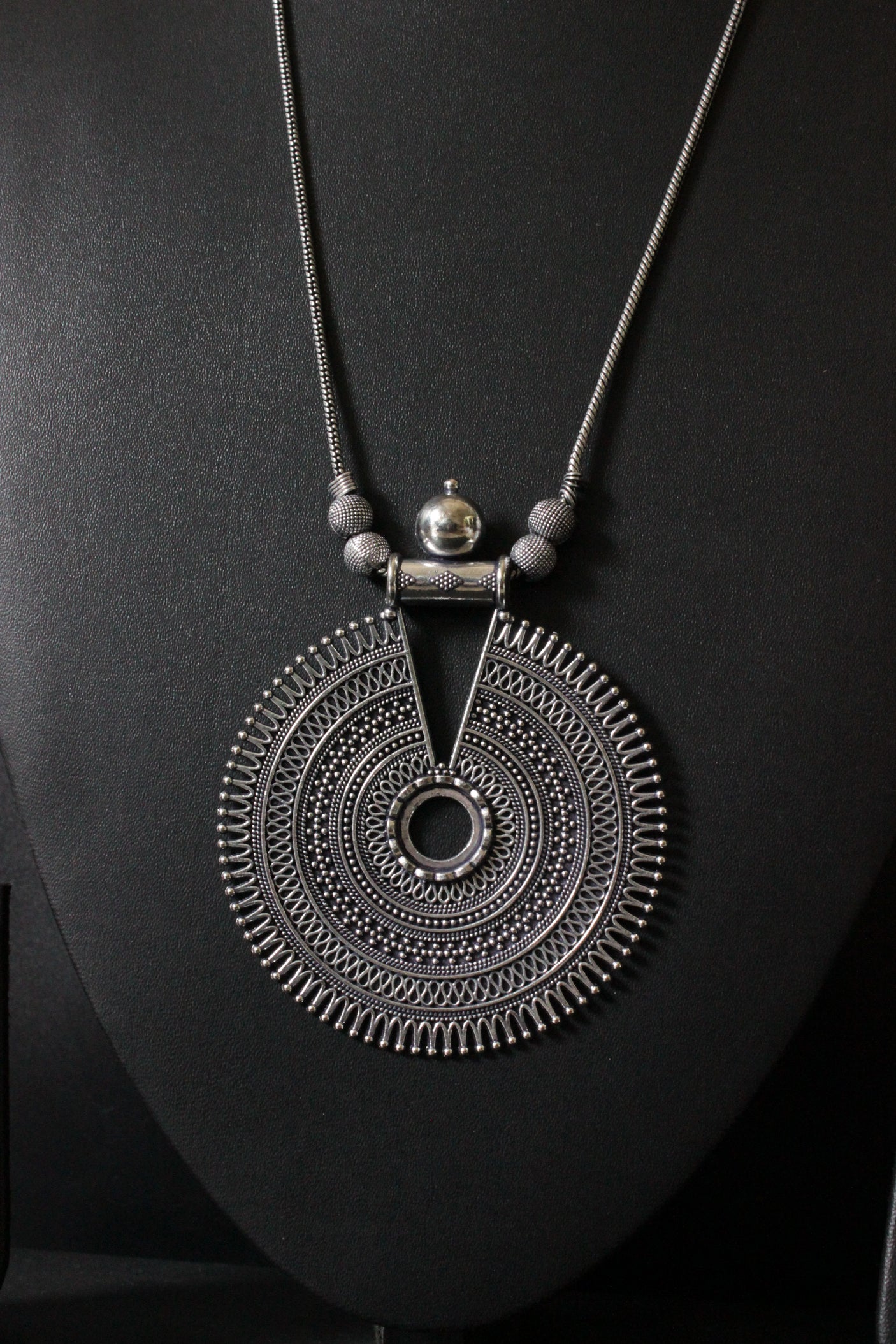 Concentric Circles Statement Pendant Silver Finish Baroque Necklace