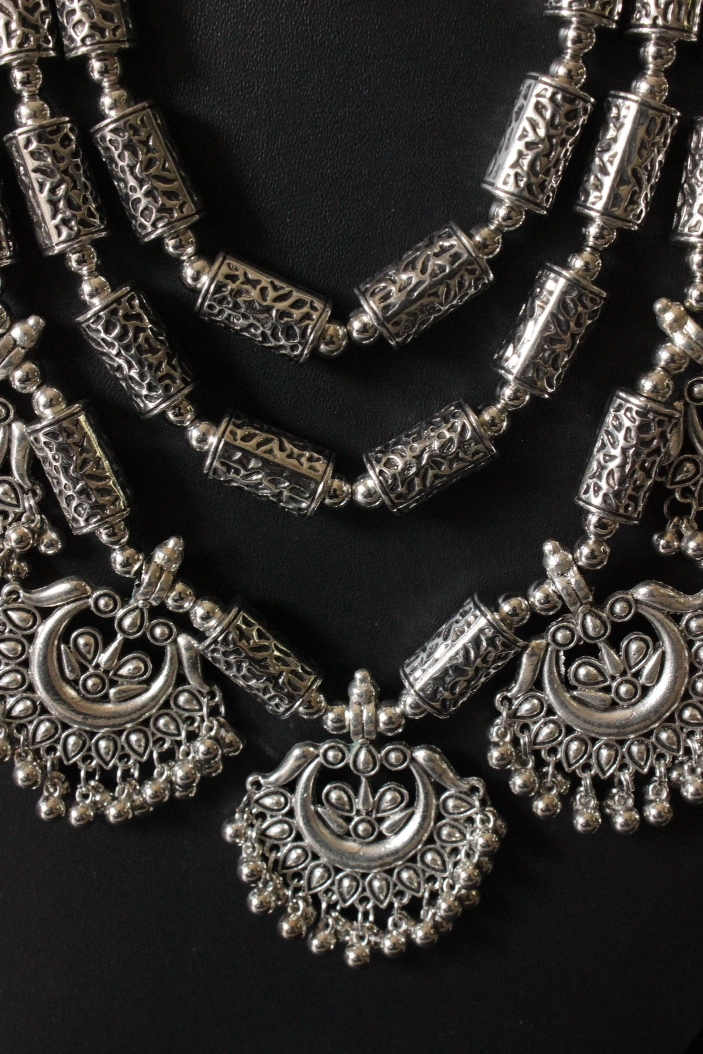 3 Layer Elaborate Silver Finish Metal Necklace Set with Dangler Earrings