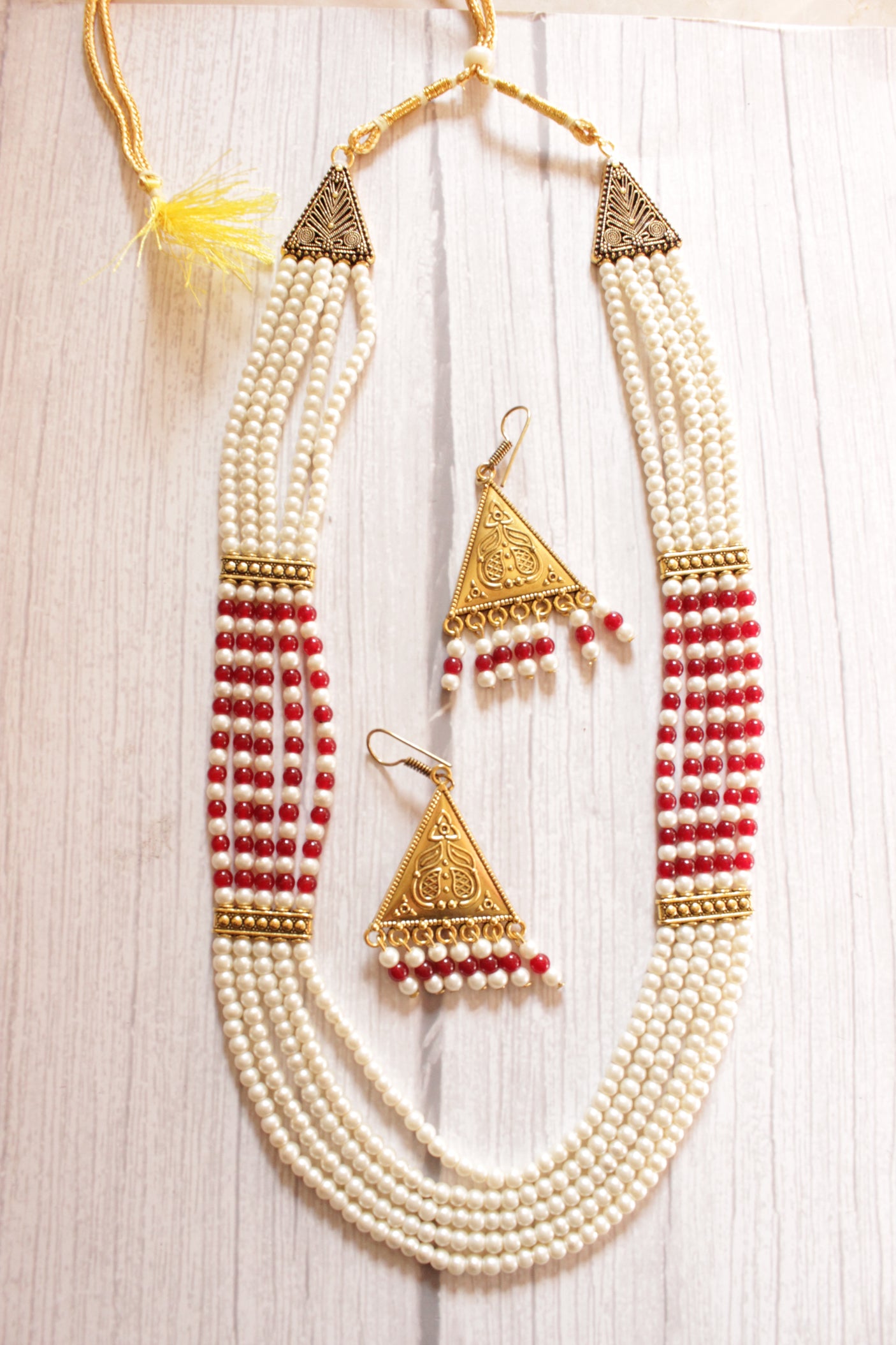 5 Layered White and Red Beads Necklace Set with Gold Finish Metal Accents