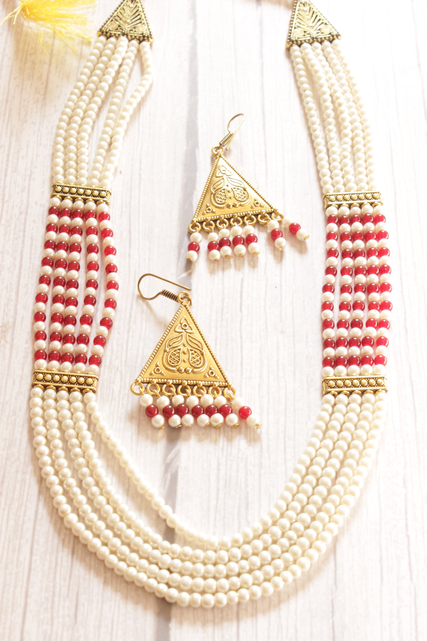 5 Layered White and Red Beads Necklace Set with Gold Finish Metal Accents