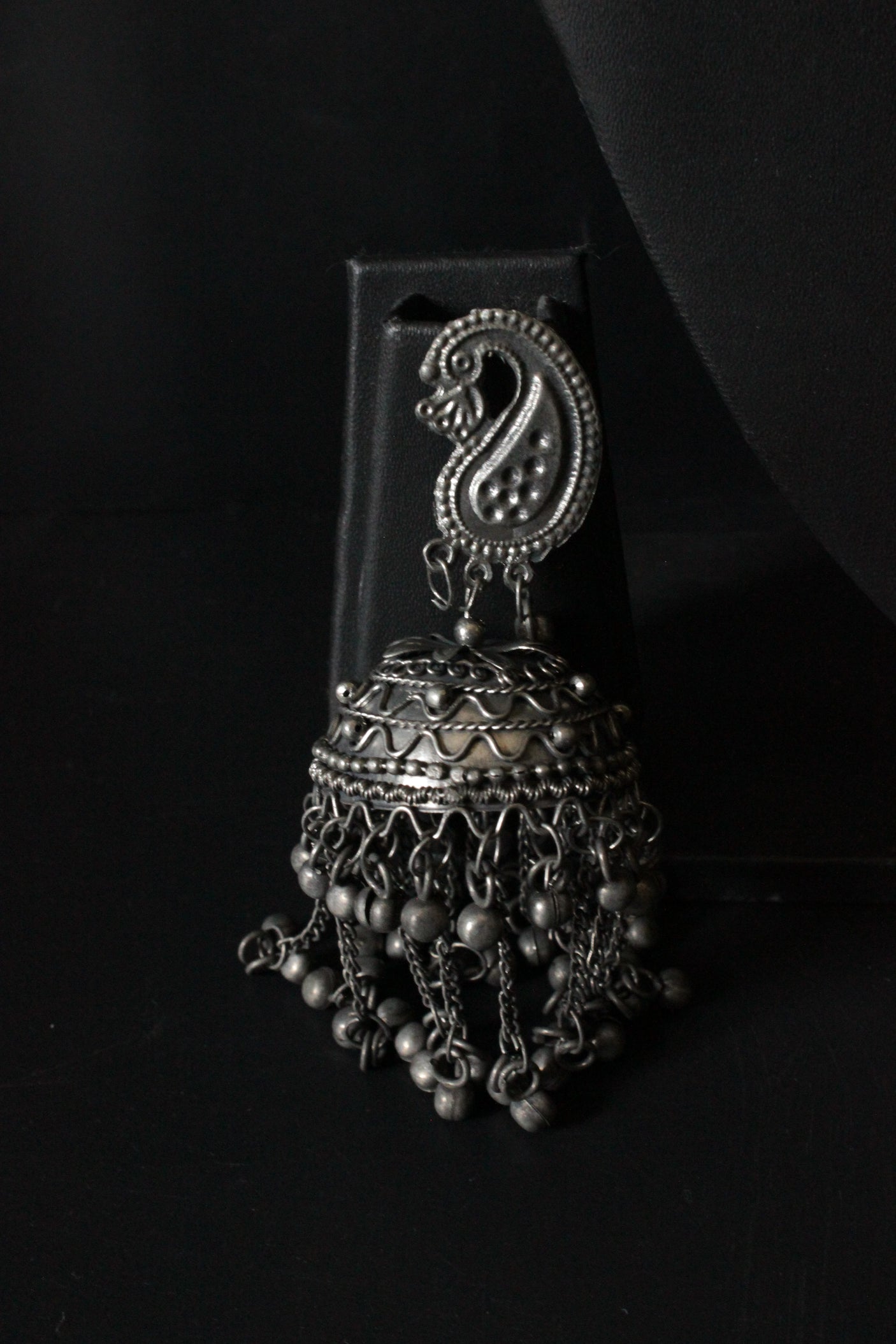 Peacock Motif Oxidised Finish Jhumka Earrings with Long Metal Beads Strands