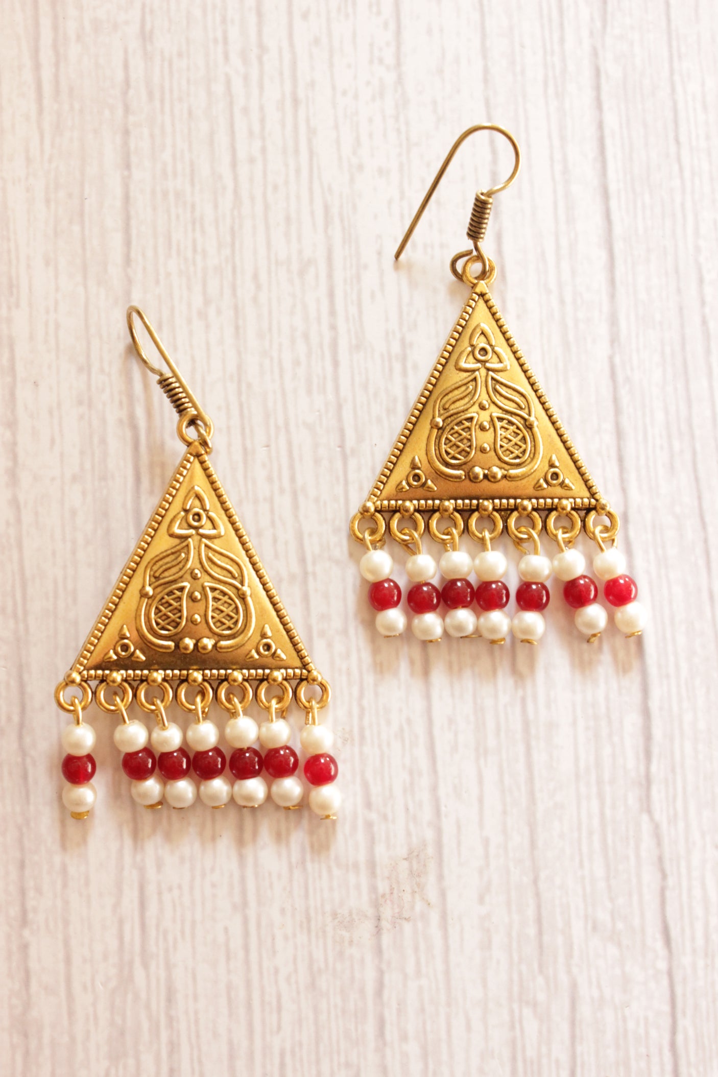 5 Layered White and Red Beads Necklace Set with Gold Finish Metal Accents