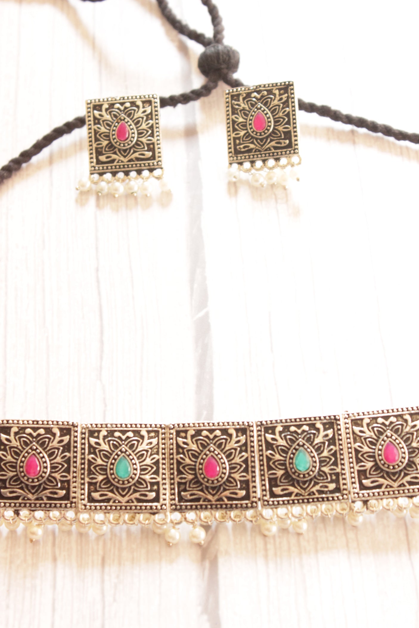 Pink and Turquoise Stones Embedded Oxidised Finish Choker Necklace Set with Adjustable Length Closure