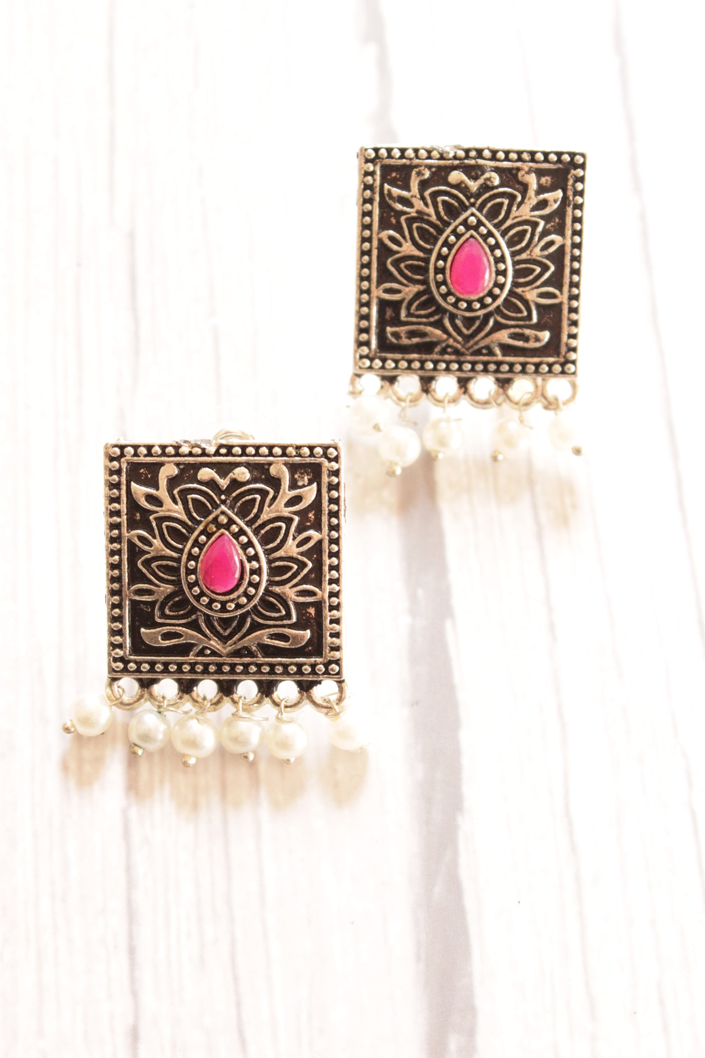 Pink and Turquoise Stones Embedded Oxidised Finish Choker Necklace Set with Adjustable Length Closure