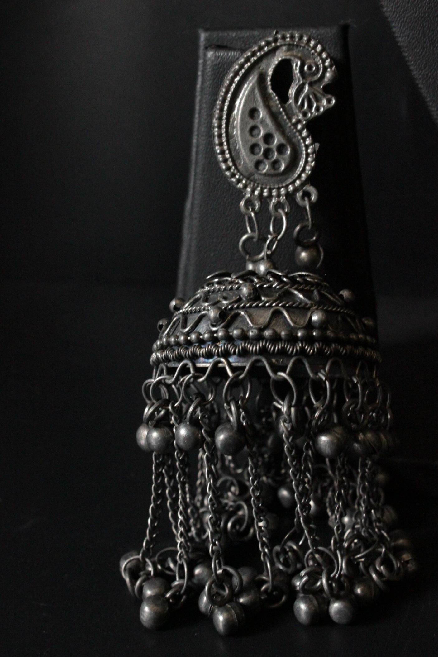Peacock Motif Oxidised Finish Jhumka Earrings with Long Metal Beads Strands