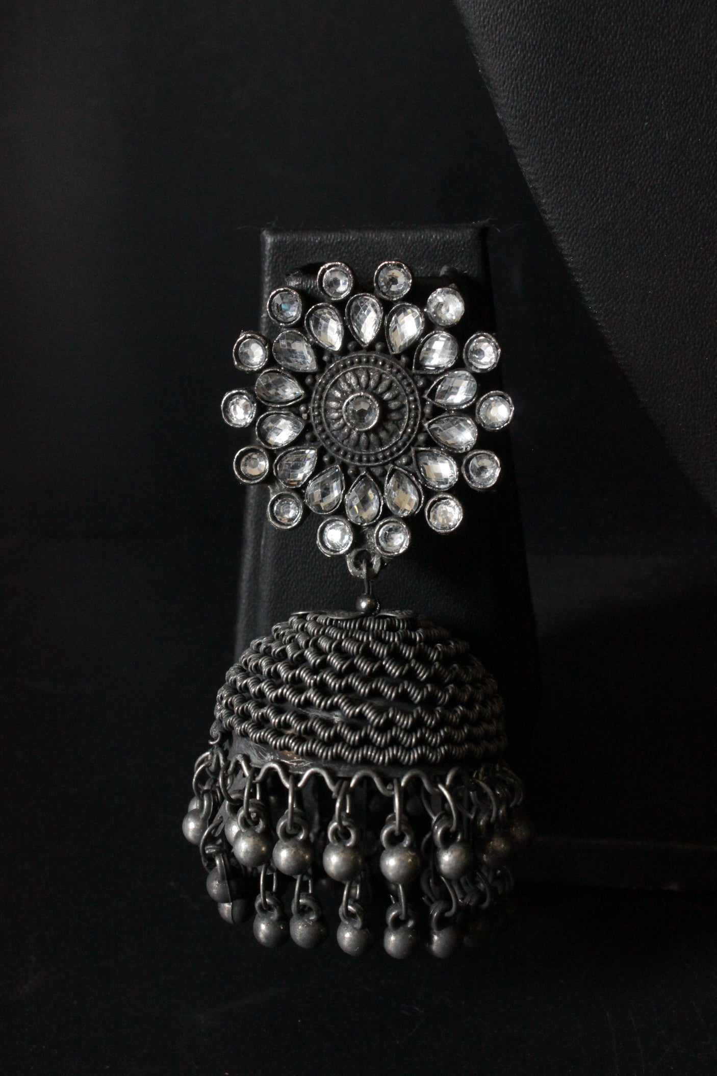 White Glass Stones Embedded Oxidised Finish Jhumkas with Bead Strings