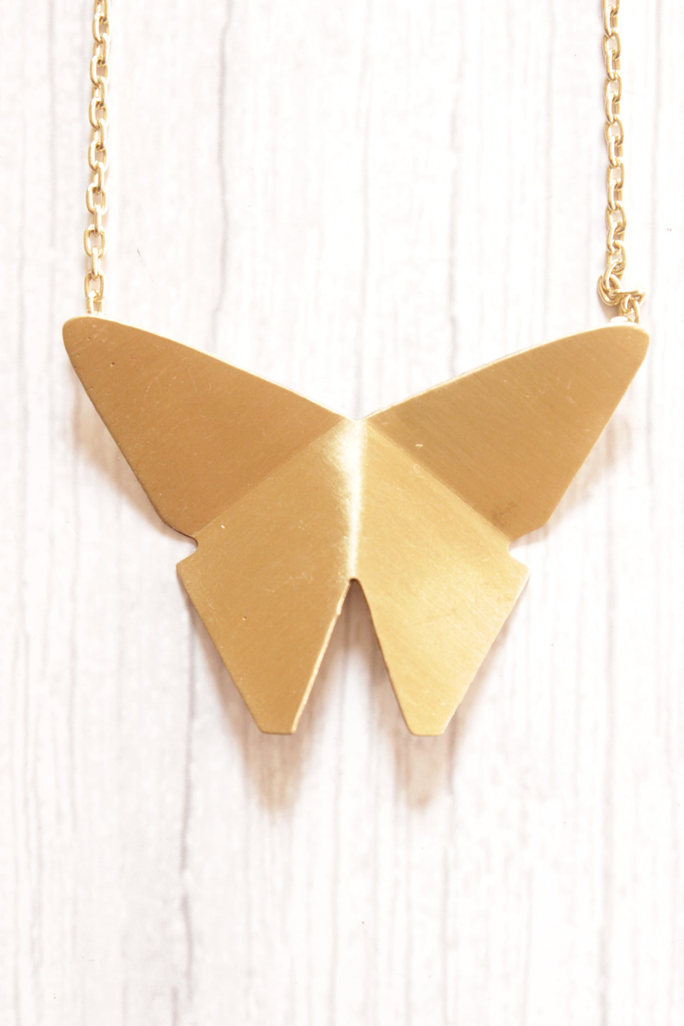 Bright Brass Finish Long Chain Contemporary Butterfly Necklace