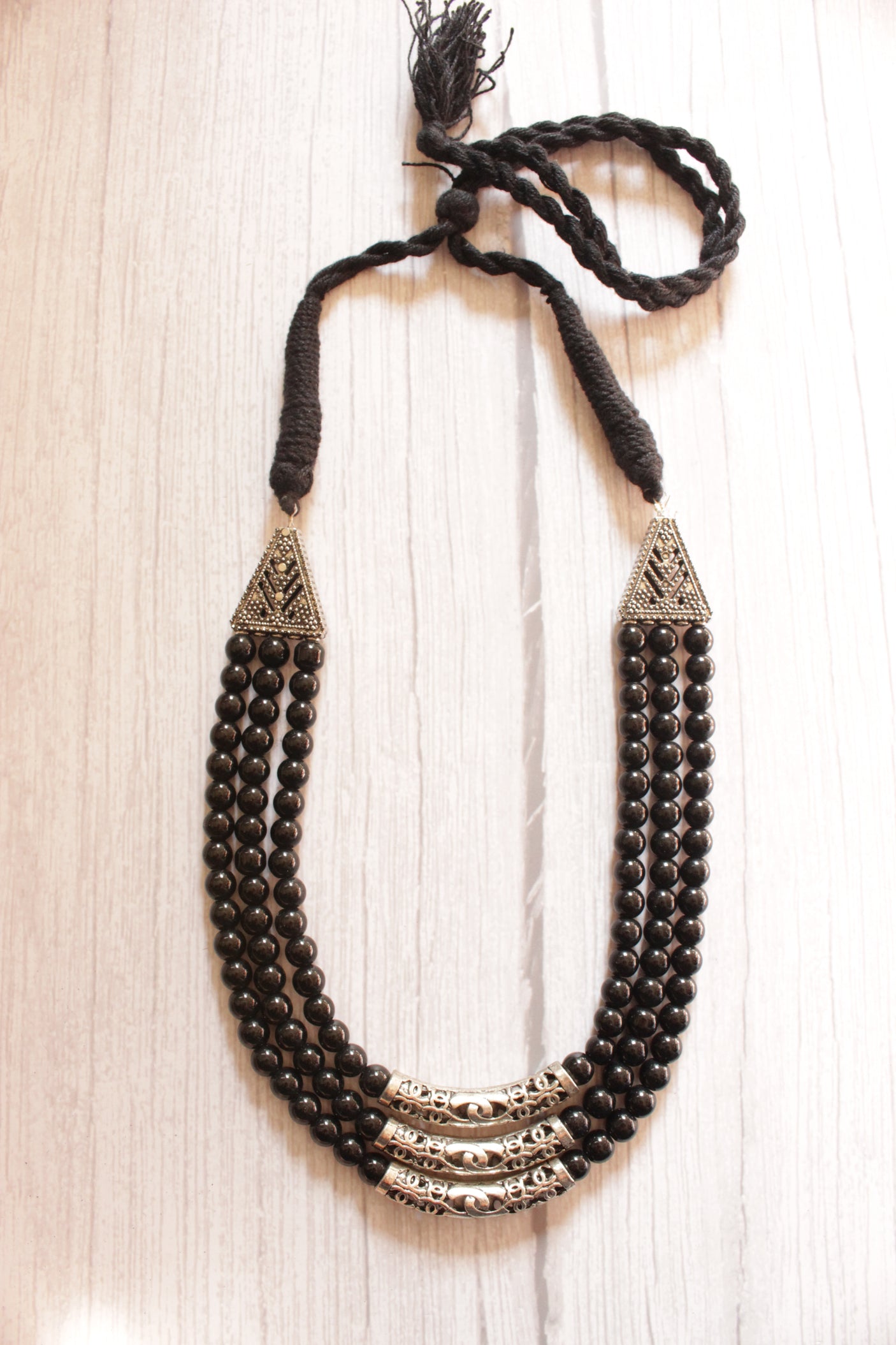 3 Layer Black Beads Necklace with Metal Accents and Adjustable Thread Closure