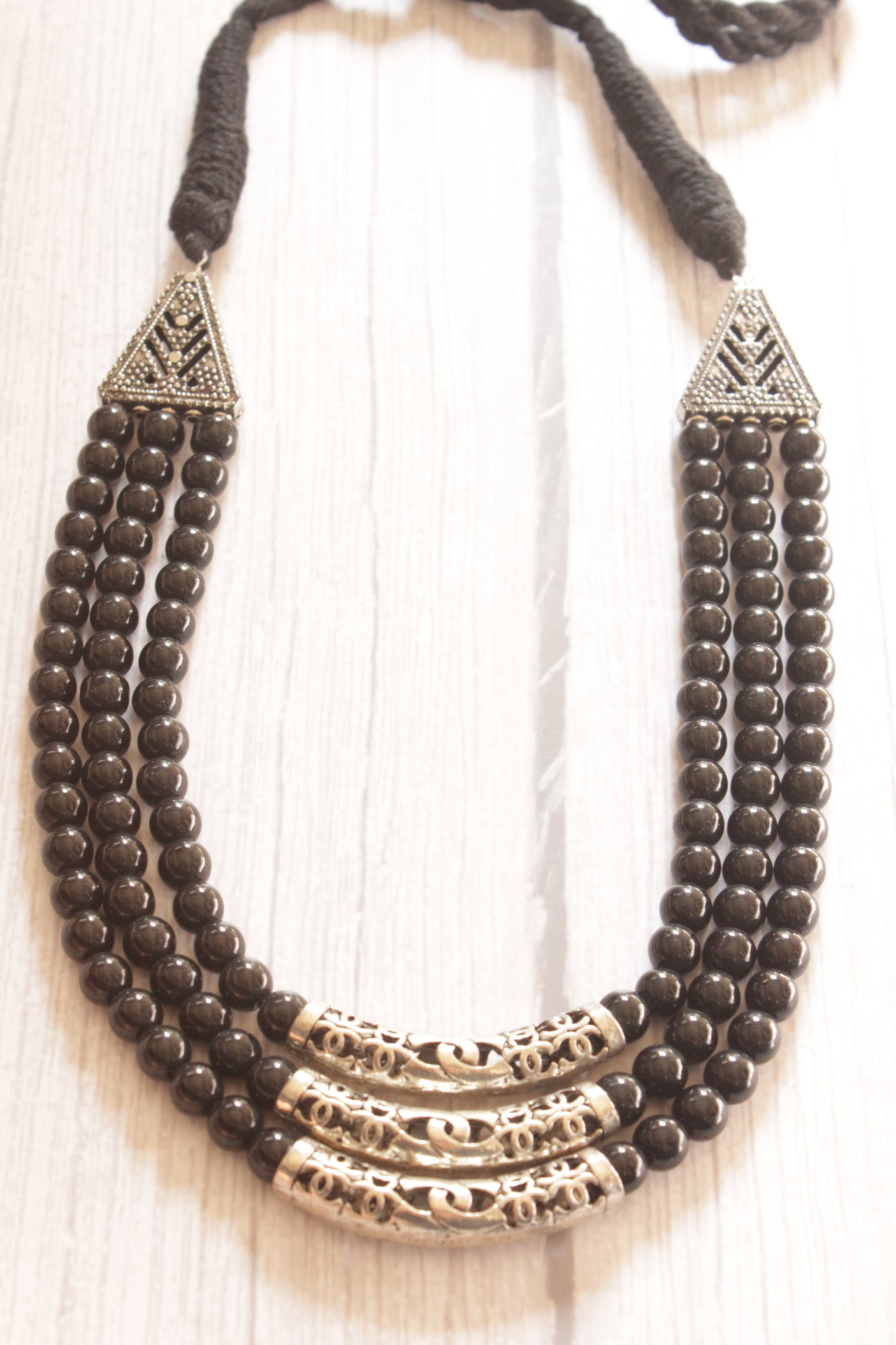 3 Layer Black Beads Necklace with Metal Accents and Adjustable Thread Closure