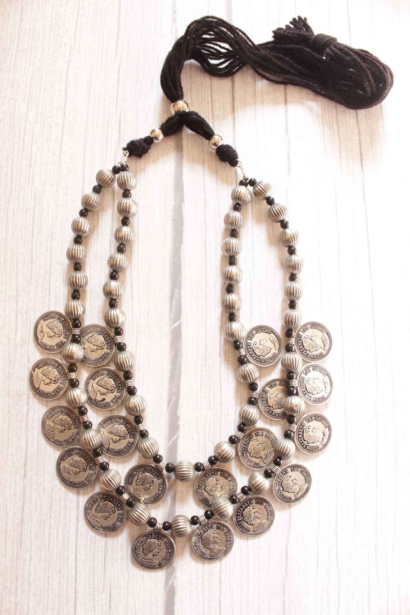 Stamped Coins 2 Layer Elaborate Necklace with Adjustable Thread Closure