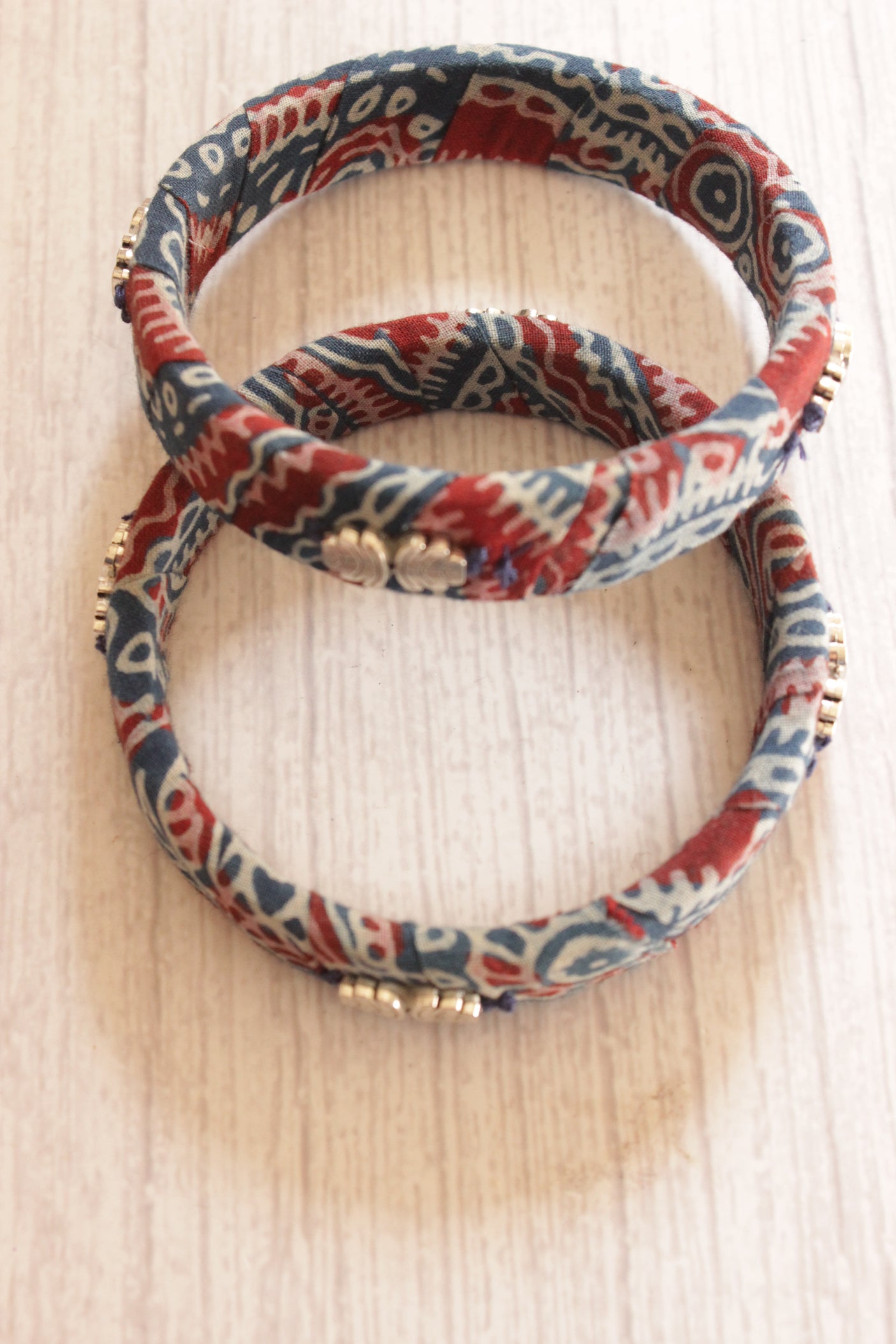 Set of 2 Ajrakh Printed Fabric Wooden Bangles