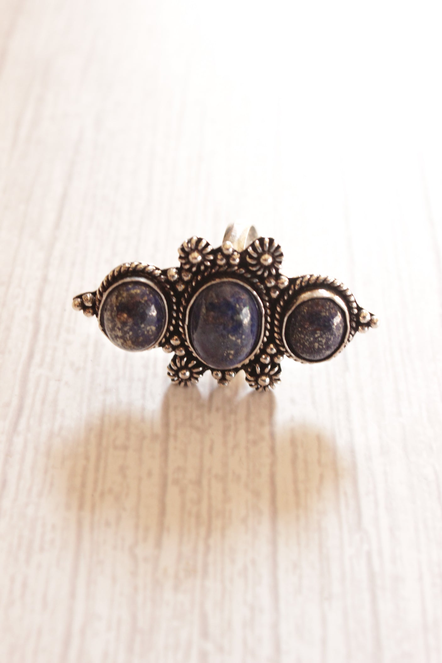 3 Natural Blue Gemstones Embedded Oxidised Finish Silver Ring