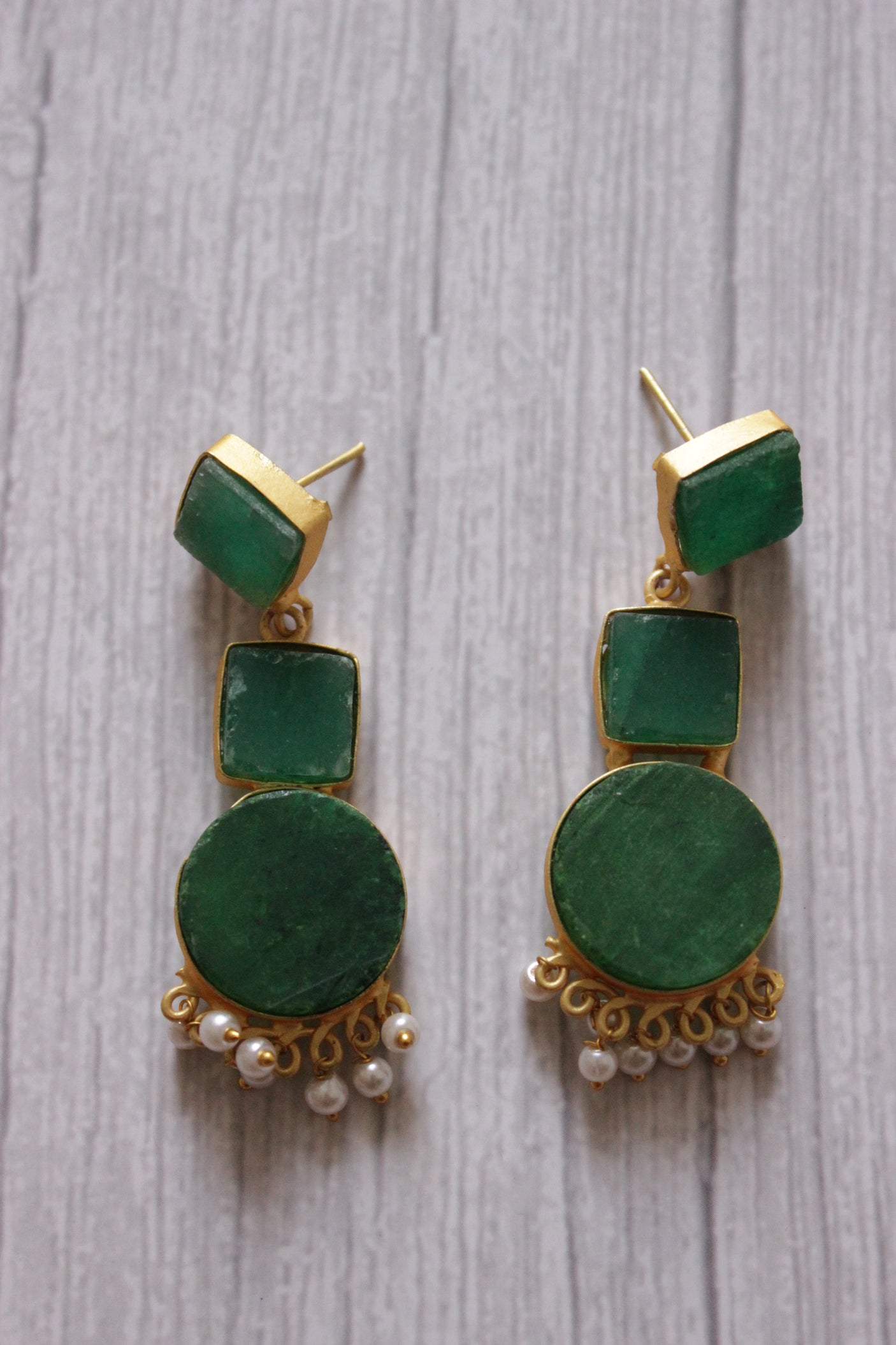 Natural Green Stones Embedded 3 Layer Brass Earrings