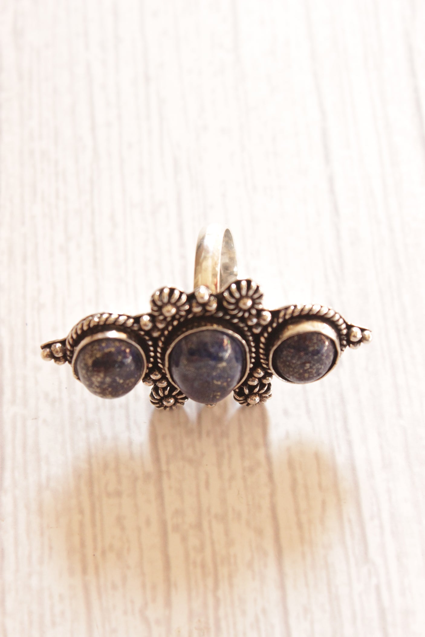 3 Natural Blue Gemstones Embedded Oxidised Finish Silver Ring