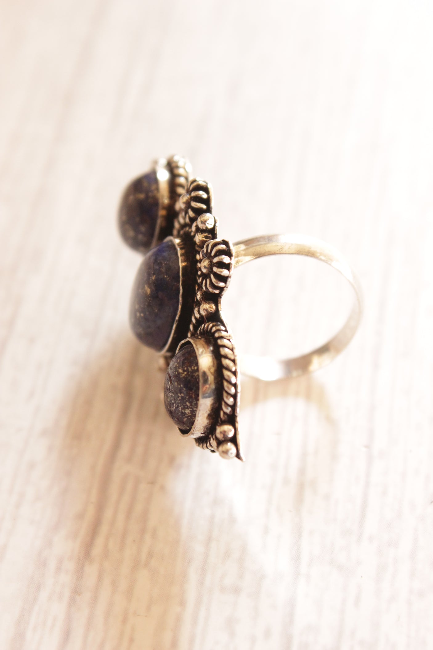 3 Natural Blue Gemstones Embedded Oxidised Finish Silver Ring