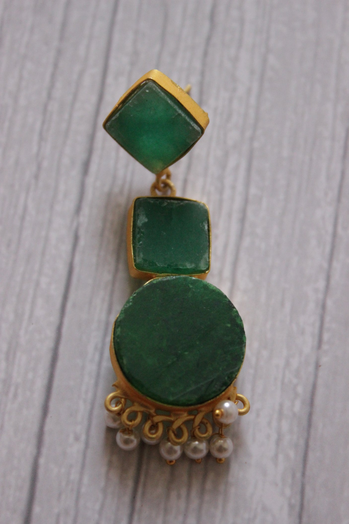 Natural Green Stones Embedded 3 Layer Brass Earrings