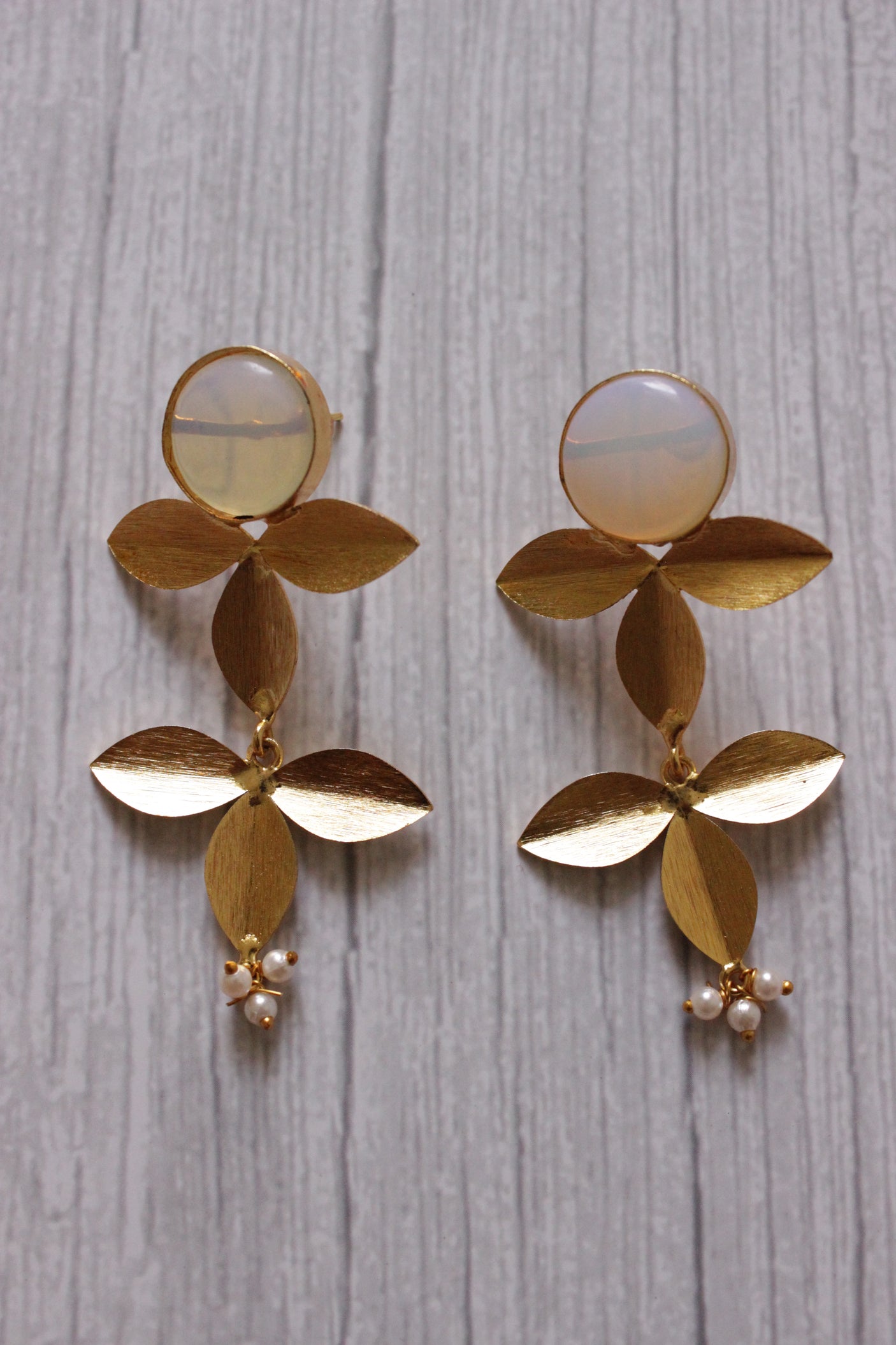 Natural White Stone Embedded 2 Layer Flower Shaped Brass Earrings
