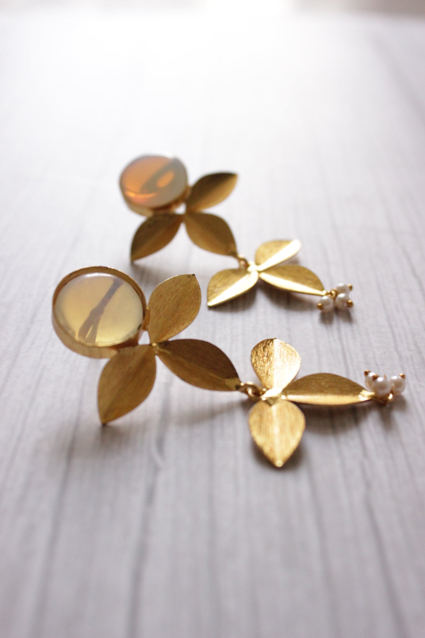 Natural White Stone Embedded 2 Layer Flower Shaped Brass Earrings
