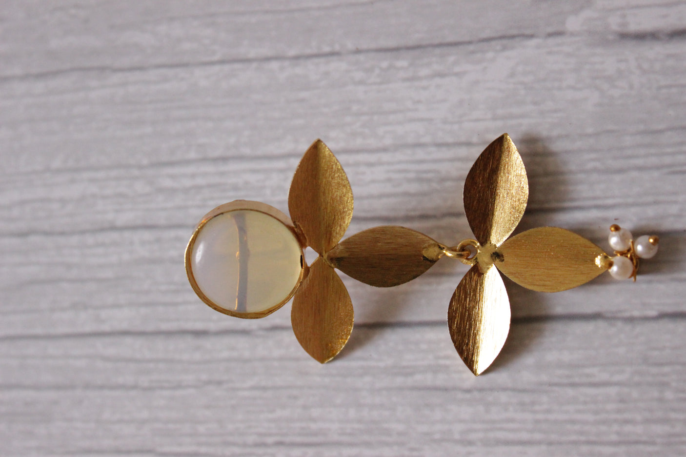 Natural White Stone Embedded 2 Layer Flower Shaped Brass Earrings