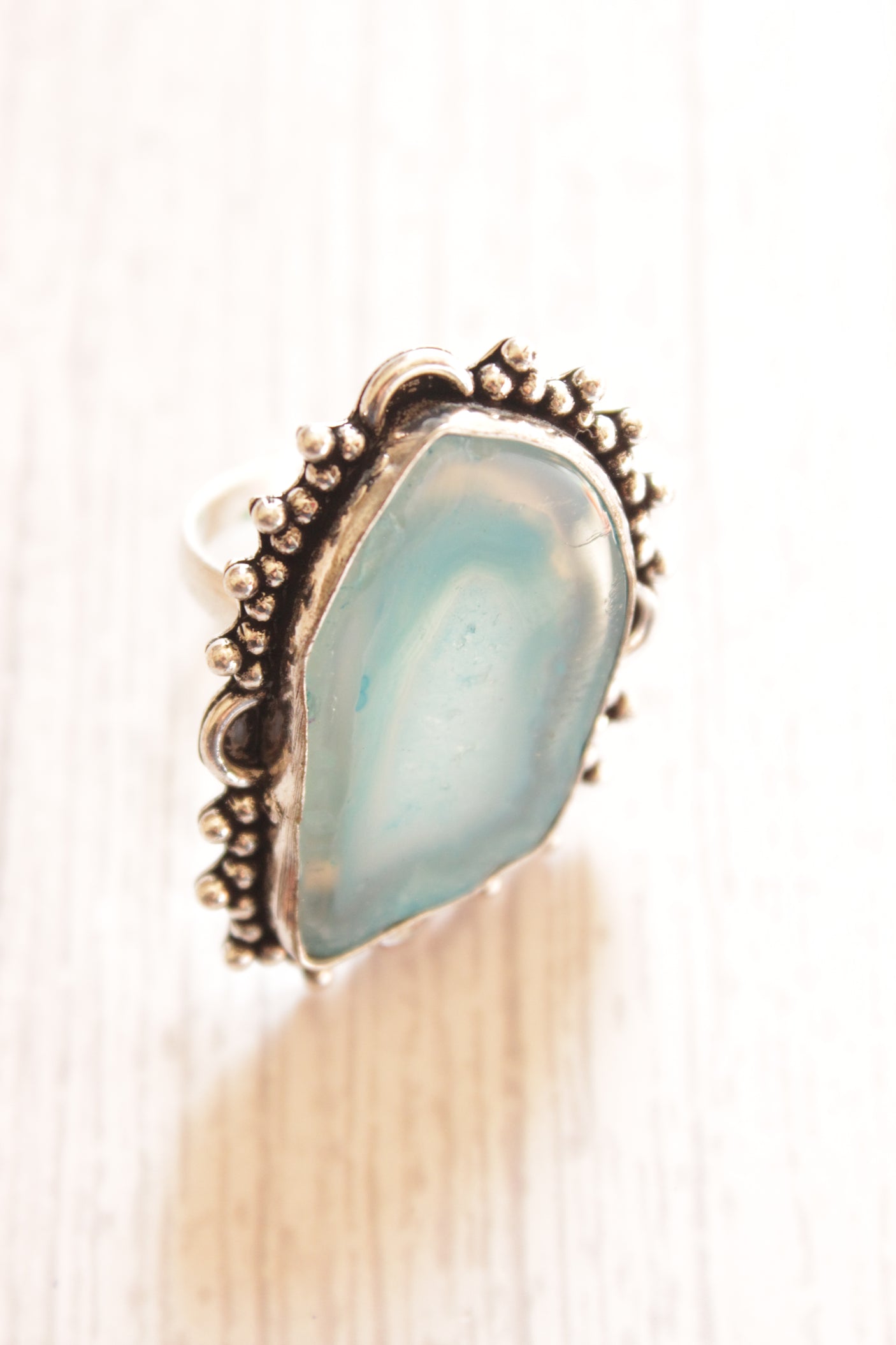 Statement Turquoise Stone Embedded Oxidised Silver Finish Metal Ring